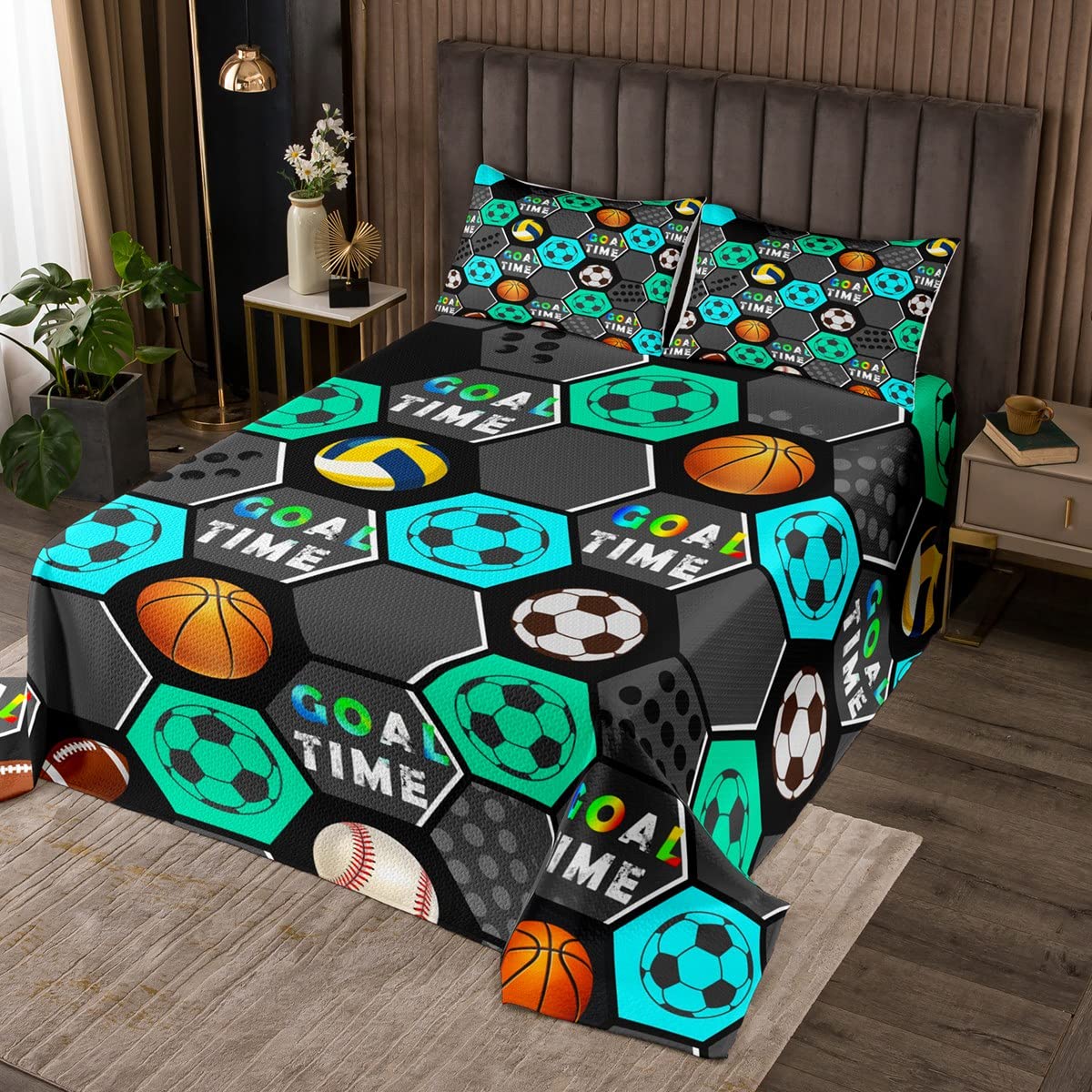 Couvre-lit matelassé sport pour lit double enfant et ado à motif géométrique