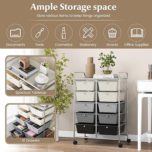 Miniatura 6 de RELAX4LIFE Carrito de almacenamiento rodante con 10 cajones, carrito de almacenamiento para manualidades con ruedas bloqueables, carrito utilitario,