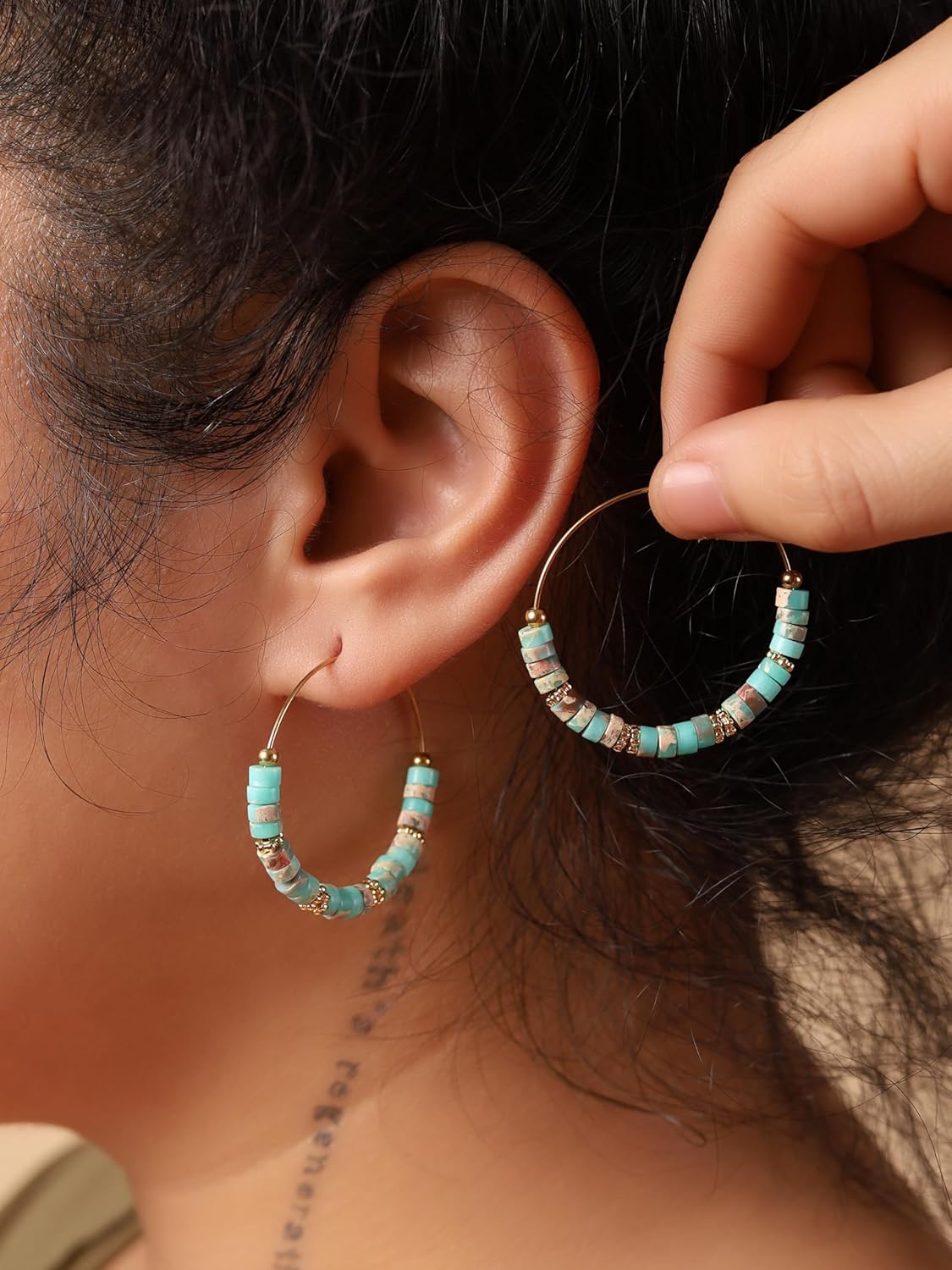 MINACHI Boho Mixed Color Stone Bead Hoop Earrings, Handmade Gold Tone Hippie Chunky Hoops Earrings For Women - Image 2