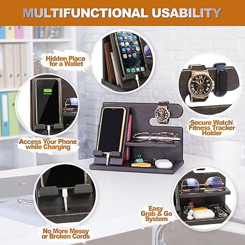 Miniatura 5 de TESLYAR Estación de acoplamiento de teléfono de madera para hombres, organizador de escritorio o mesita de noche, regalos de cumpleaños para