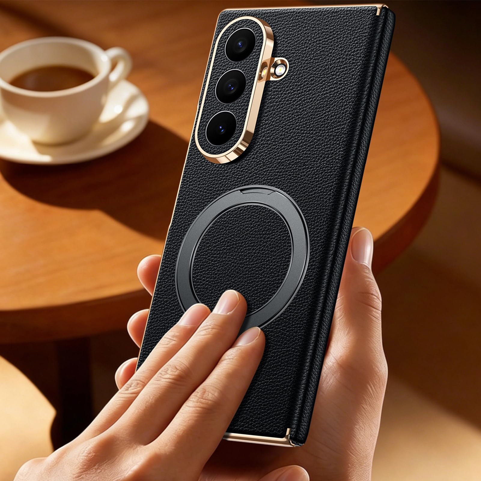 Etui z prawdziwej skóry do Samsung Galaxy Z Fold 8 Ultra, regulowany stojak pokrowiec z klapką folio pełna ochrona obiektywu złota krawędź lekki luksusowy pierścień z klapką (pomarańczowy)