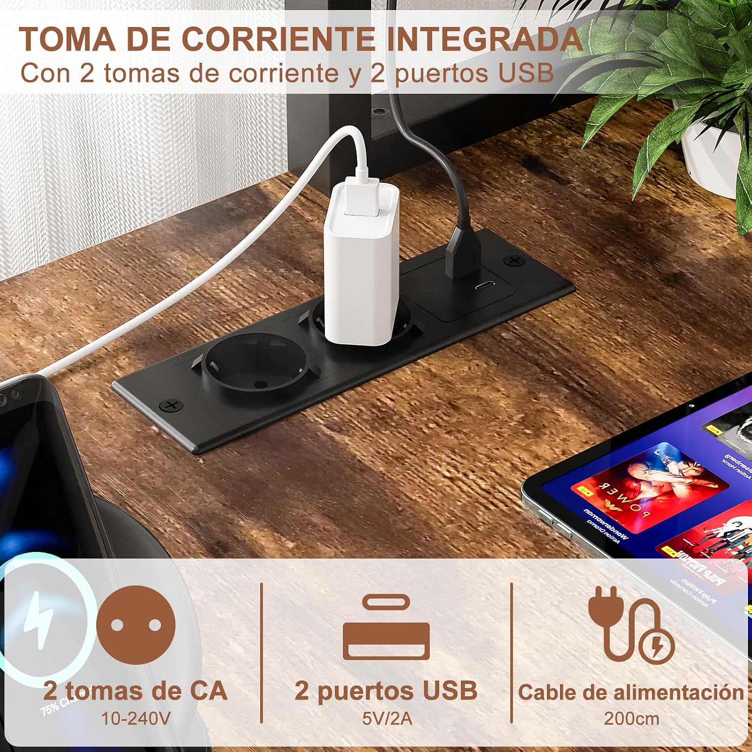 Close-up of the integrated power outlets and USB ports on the desk surface.