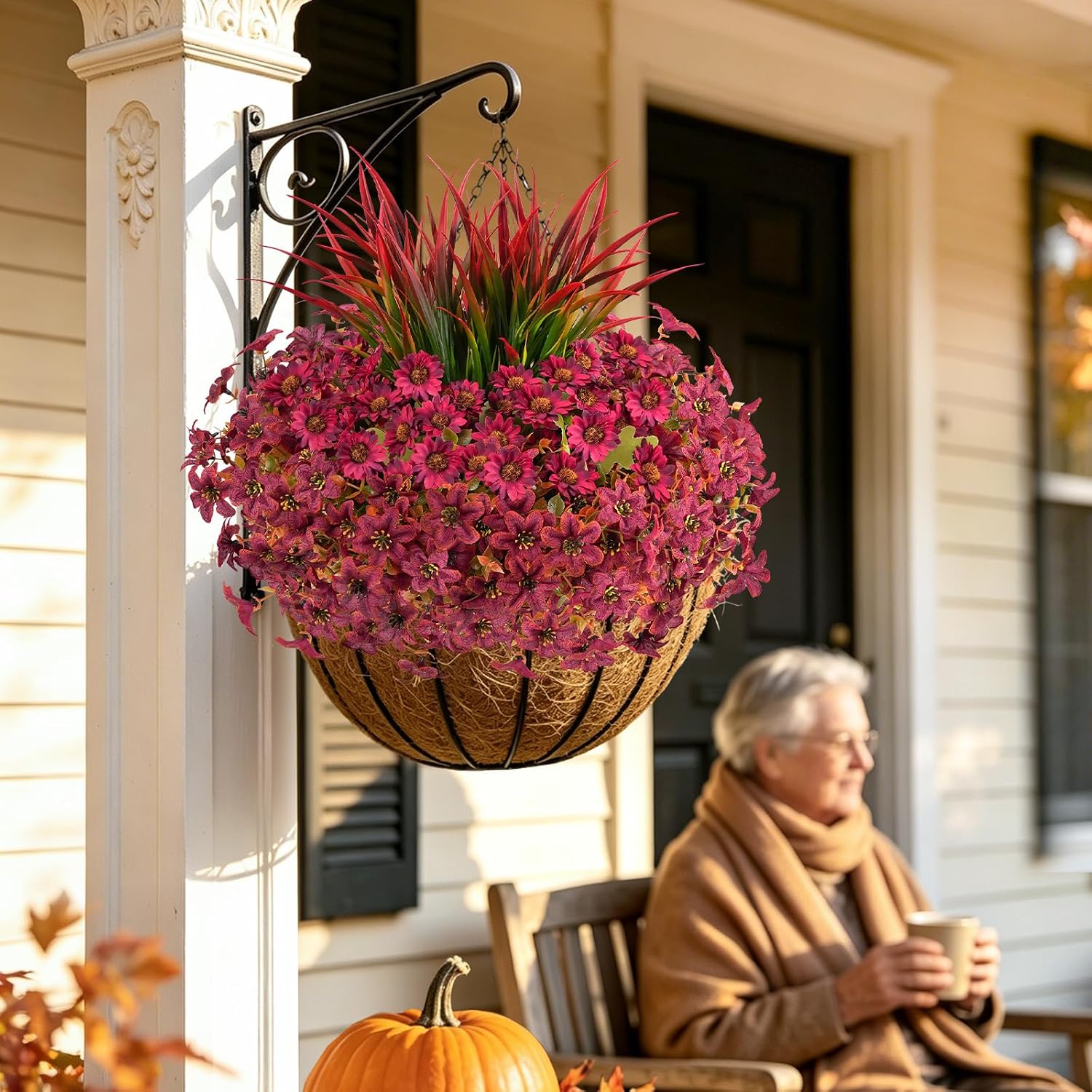 18PCS Artificial Fall Flowers Outdoors, UV Resistant Fake Mums with Grass | 315 Blooms with Silk Petals, 5 Bundles Daisy and 10 Bundles Violet with 3 Grass, for Porches, Patios, Planter Decor, Burgundy