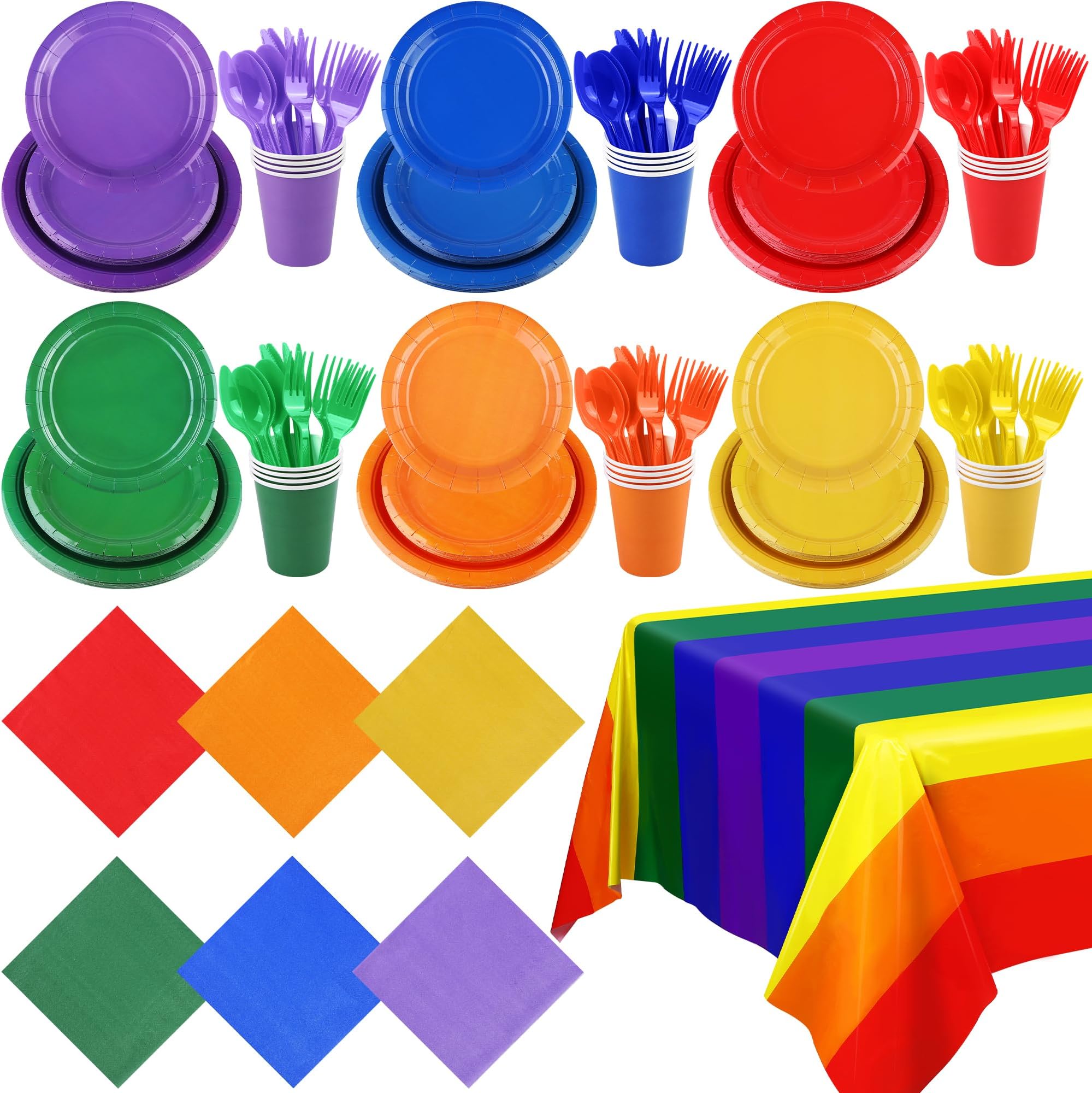 ADXCO Rainbow Party Decorations Include Rainbow Paper Plates, Cups, Napkins, Cutlery & Waterproof Tablecloth for 24 Guests