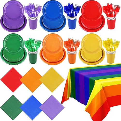 ADXCO Las decoraciones de fiesta de arcoíris incluyen platos de papel arcoíris, vasos, servilletas, cubiertos y mantel impermeable para 24 invitados