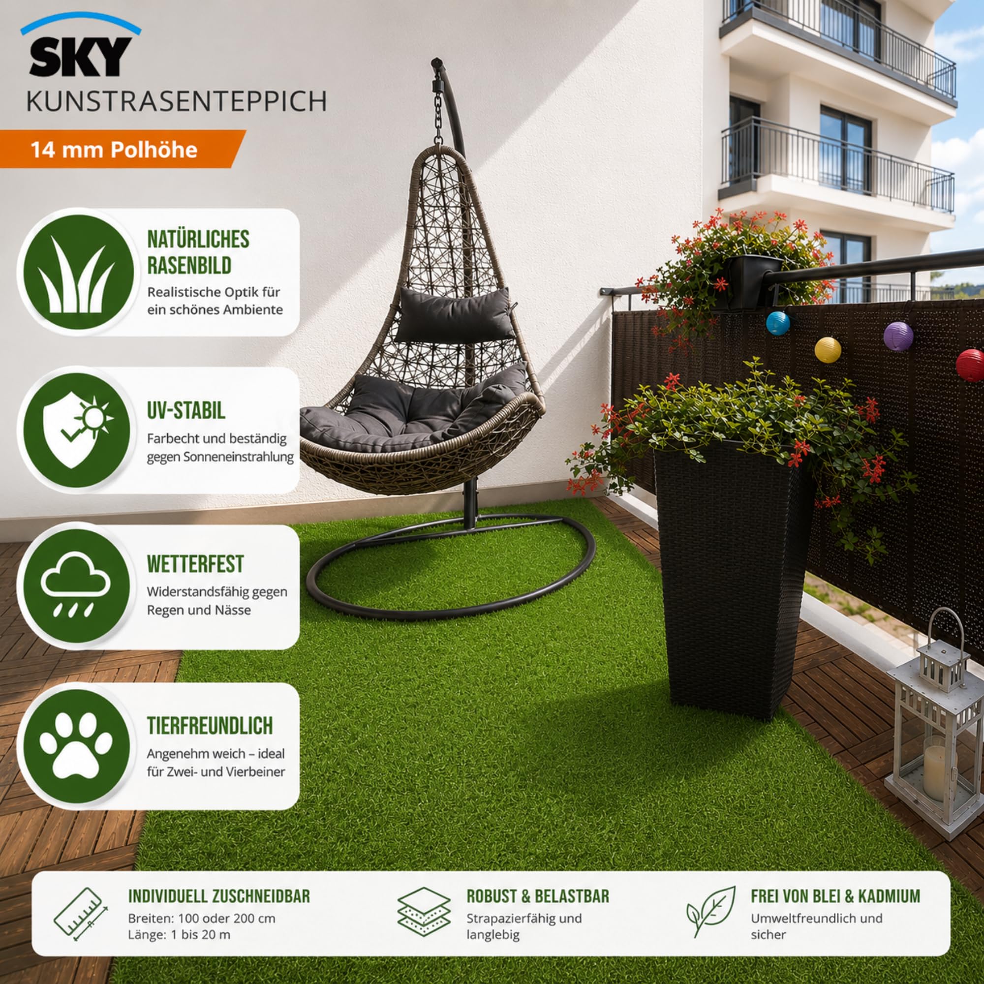 SKY Kunstrasen 200x400 cm - Wetterfester Outdoor Teppich in Grün für Balkon Terrasse & Garten - Robuster Teppichboden als Rasen-Alternative - 14mm Riviera