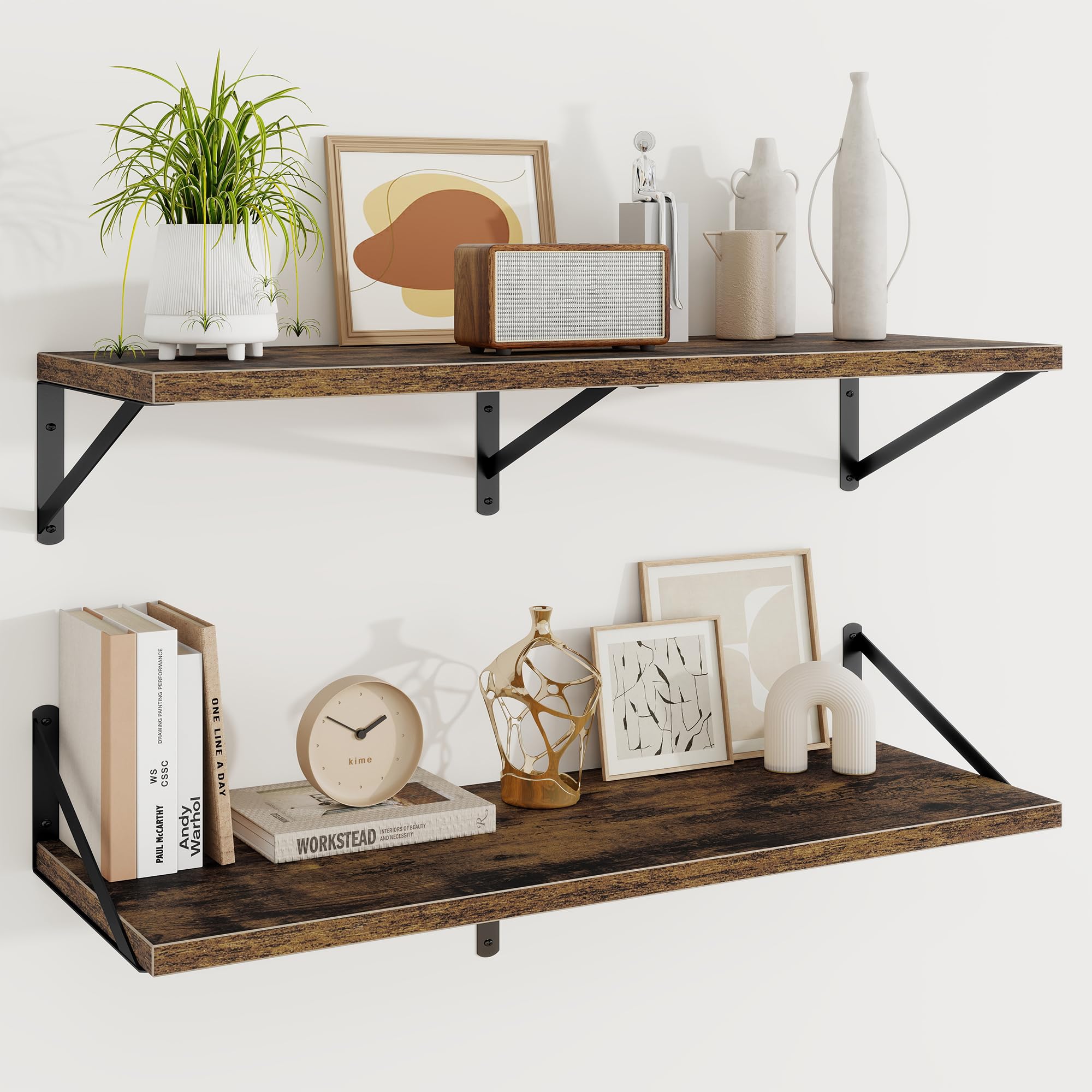 KovaScape Floating Shelves, Extra Deep Loft Rustic Book Shelf for Wall, 100x30 cm Wall Shelves Set of 2, Heavy Duty Metal Brackets, Wood Display Shelf for Living Room, Kitchen, Corner, Study, Brown