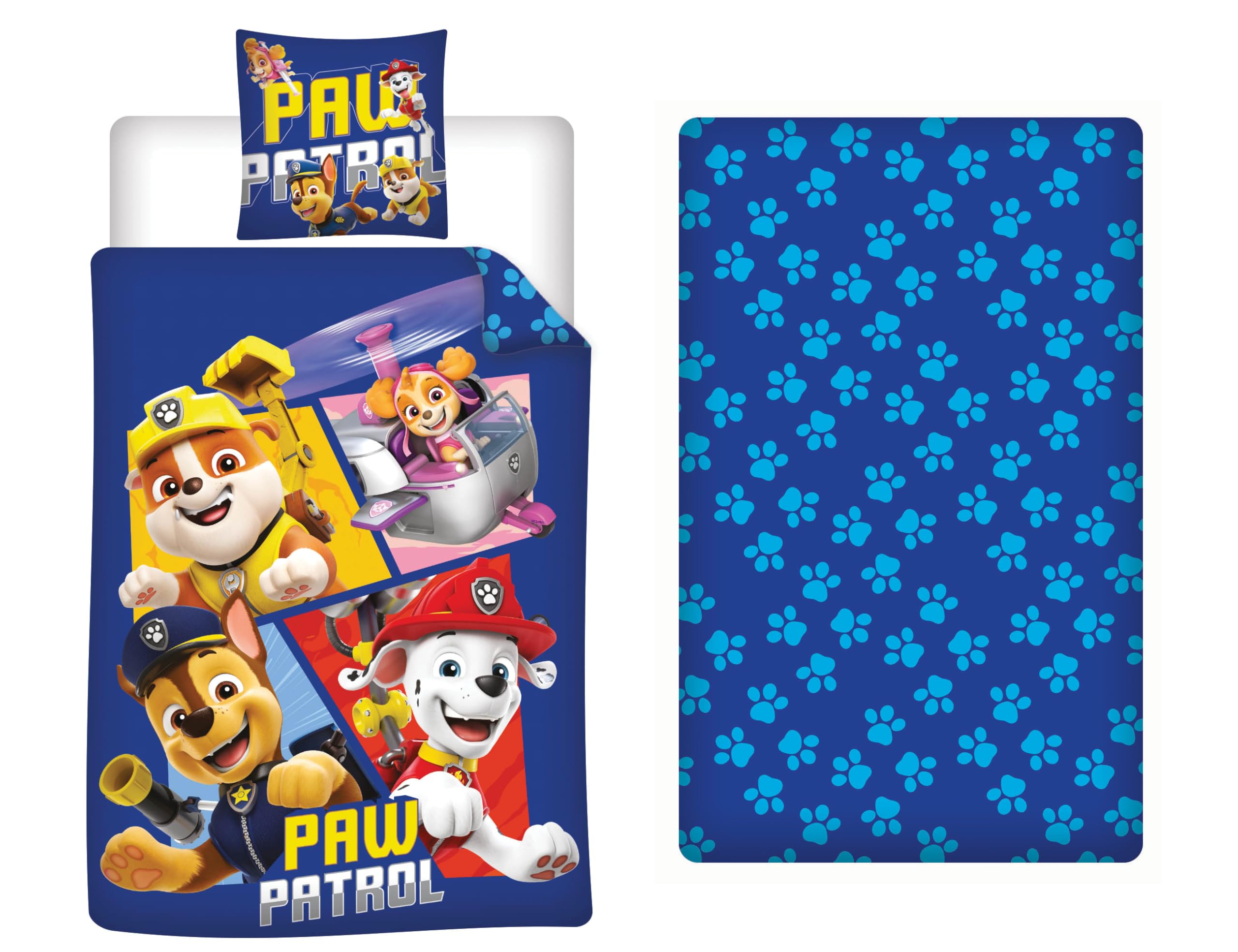Pat Patrouille Squares Parure 3 Pièces 140x200 + Taie 63x63 + Drap Cadeau | Housse de couette + drap-housse 90x190 | Microfibre Oeko-Tex séchage rapide | Chase Marcus Ruben Stella | 3-8 | Idée cadeau