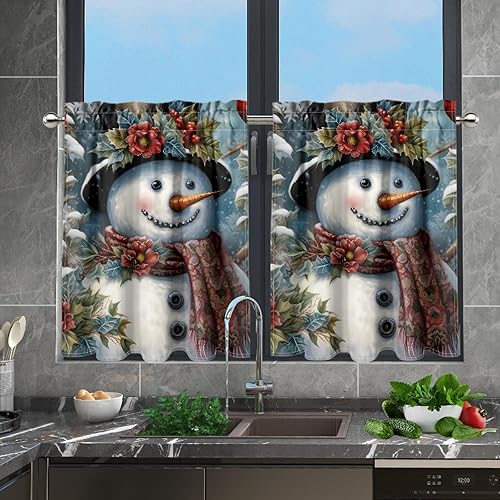 Miniatura 10 de Cortinas de cocina con niveles de muñeco de nieve, Navidad, 27.5 pulgadas, cortinas de café para baño, 2 paneles negros cortos