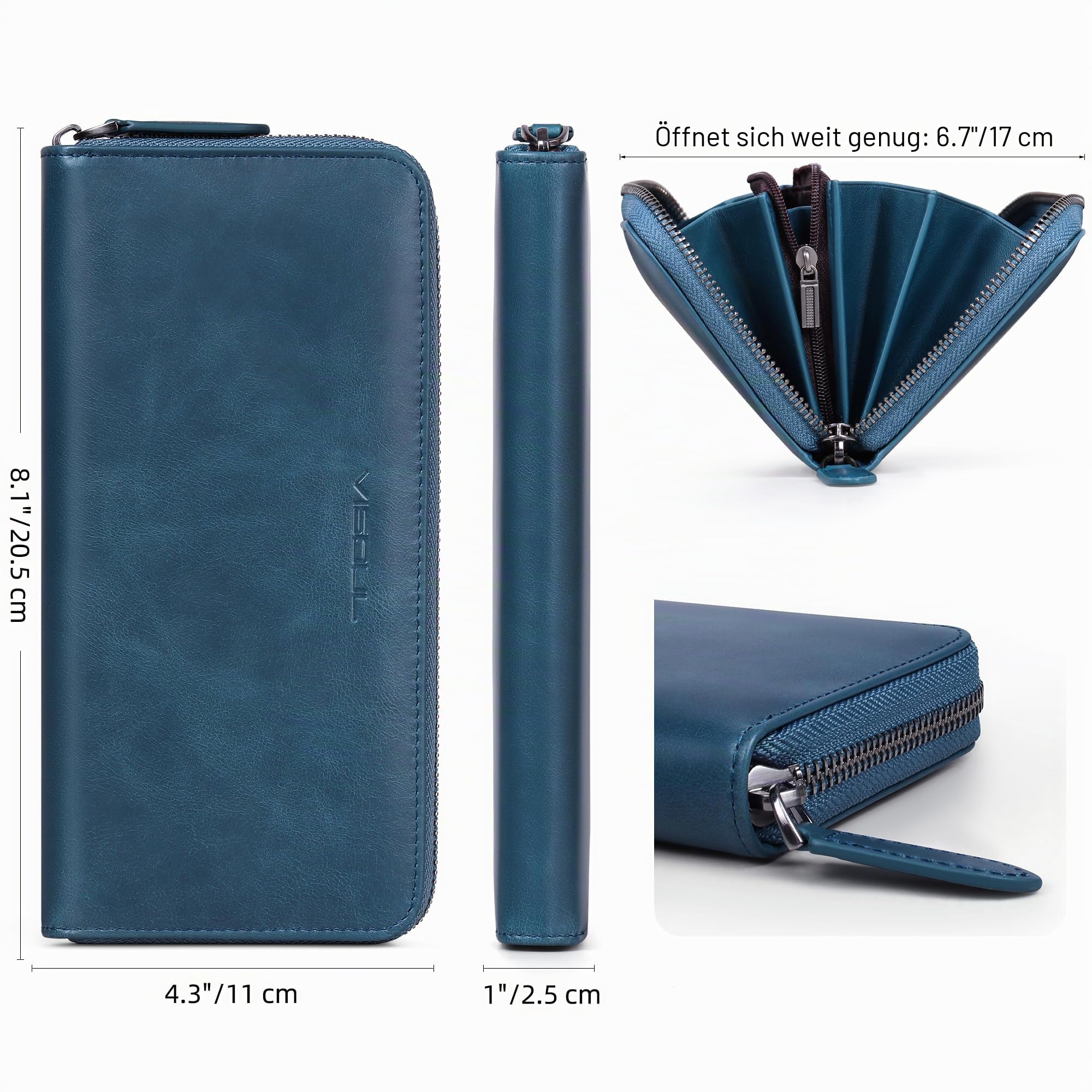 VISOUL Premium Brieftasche Echtleder Italienisches Leder mit RFID Schutz, XL Geldbörse für Herren Damen L02 (Blau)