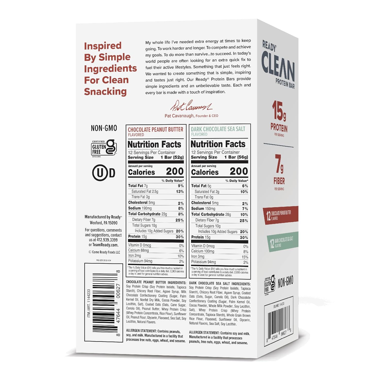 Ready® Protein Bars Twin Pack - High-Protein Snack with 15g Whey Protein, With Flaxseeds and Omega-3s for Sustained Energy, Supports Lean Muscle and Recovery, No Artificial Sweeteners - 48CT Variety Pack (2x 12ct Chocolate Sea Salt and 2x 12ct Chocolate Peanut Butter)