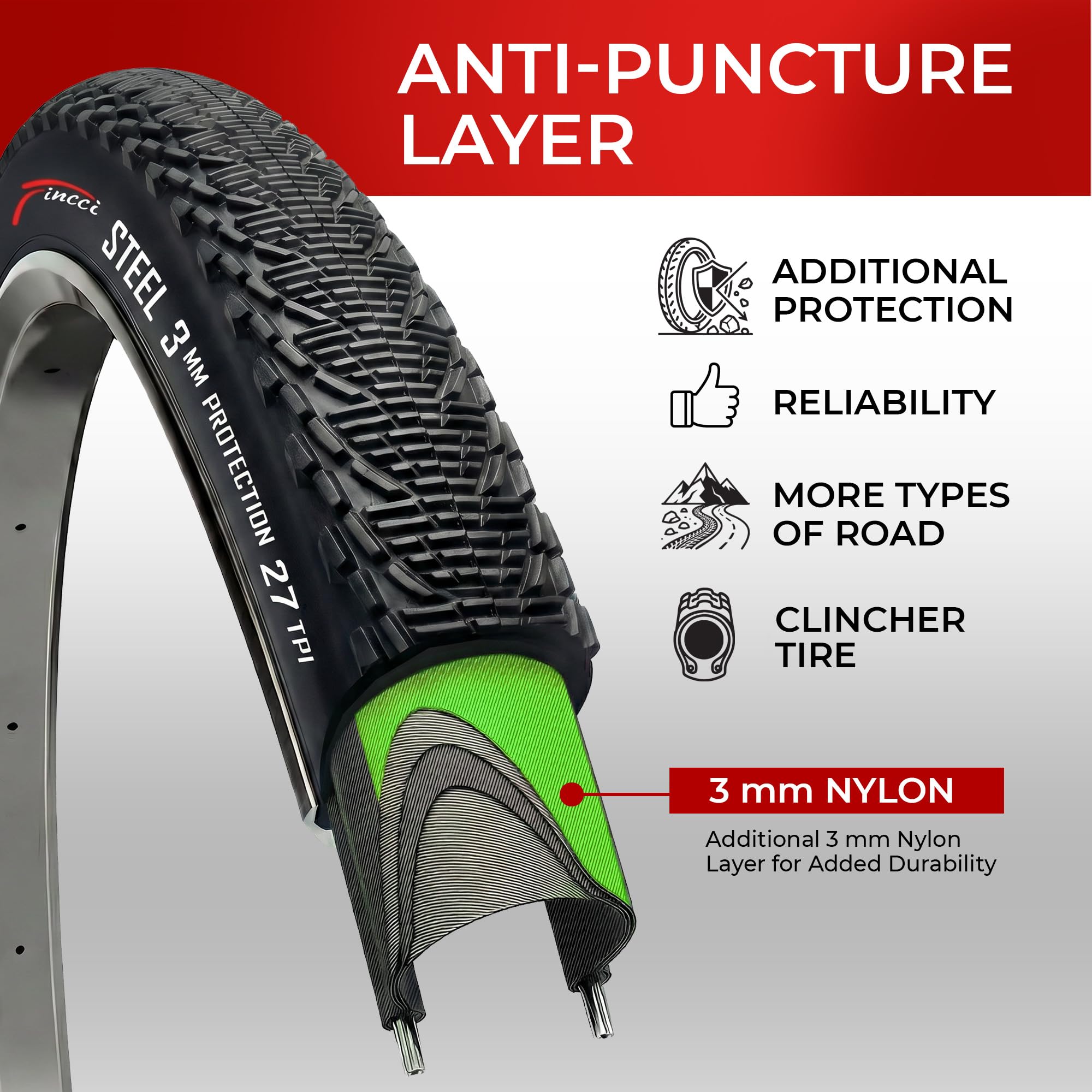 Fincci Opony rowerowe 66 x 1,95 cala 53-559 MTB hybrydowe opony z 3 mm ochroną przed przebiciem 60 TPI do roweru, szosowego, górskiego, hybrydowego roweru z oponą 26 x 1,95