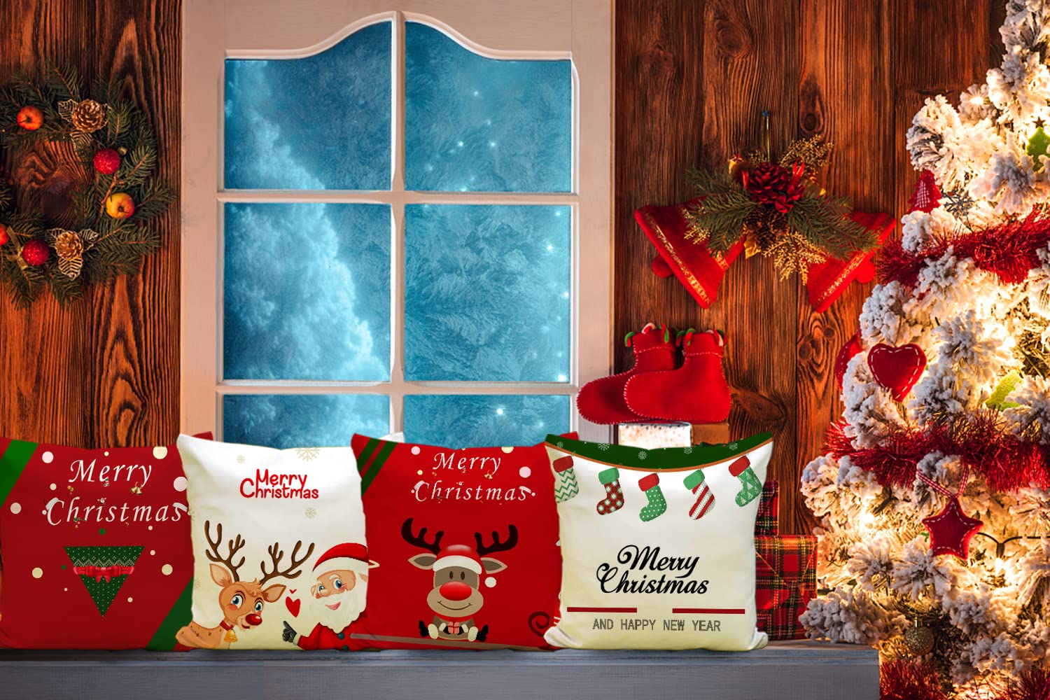 AmDxD Set di 4 federe per cuscini natalizi, 45 x 45 cm, motivo