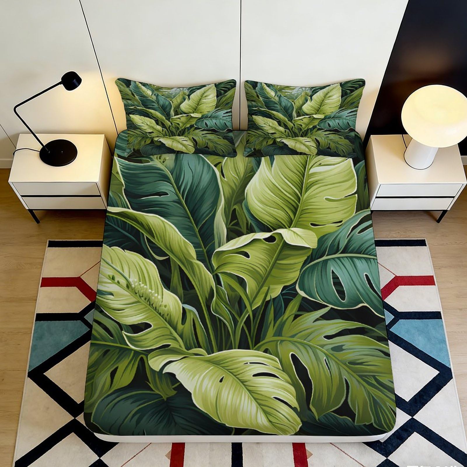 3D Printed Tropical Leaves Fitted Sheet Microfiber Soft Breathable Jungle Pattern Mattress Cover for Bedroom Dormitory Guest Room Protection Decor 90x200x25cm