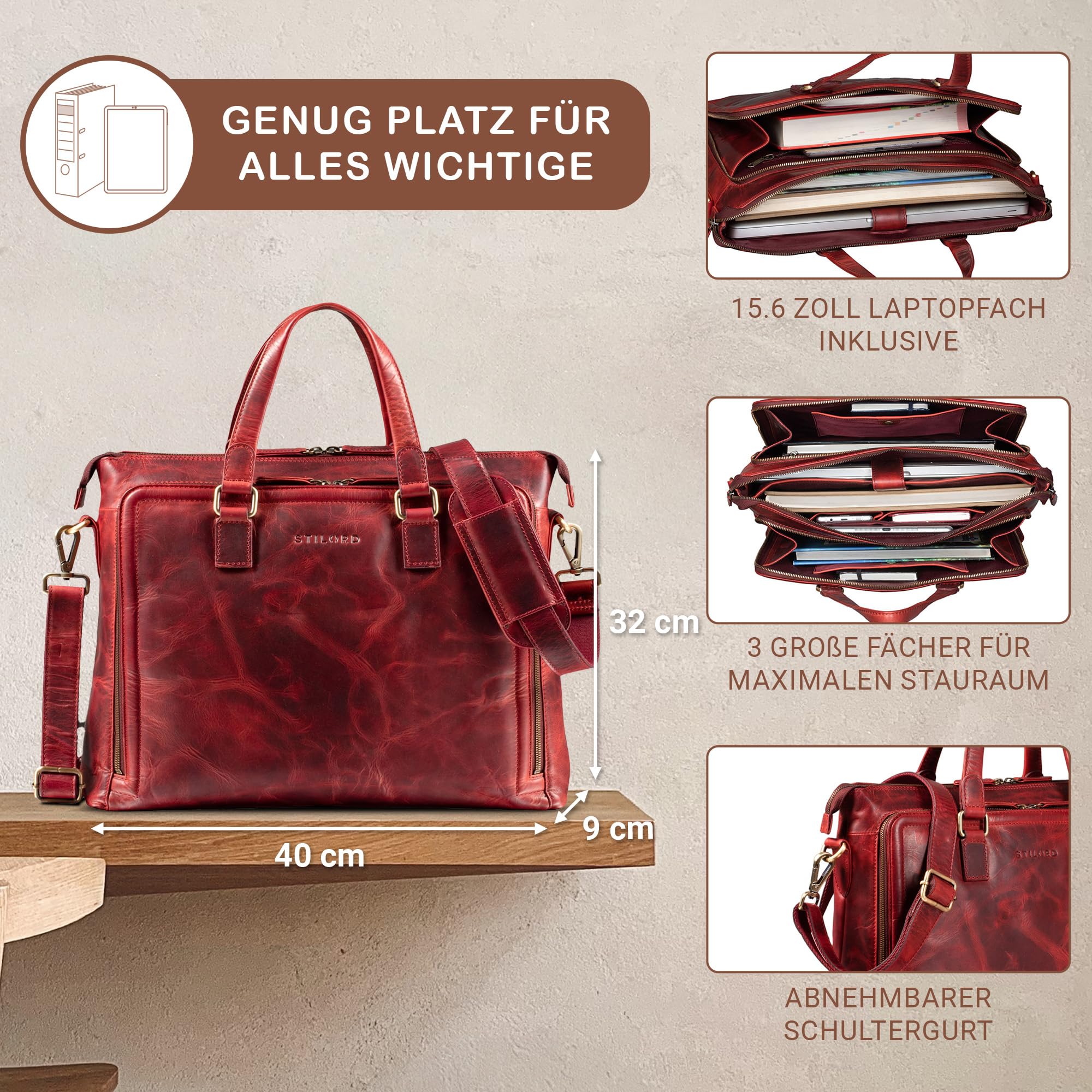 STILORD "Claire Businesstasche Damen Leder 15 Zoll Laptoptasche DIN A4 Aktentasche Umhängetasche und Handtasche Büro Farbe:kara - cognac