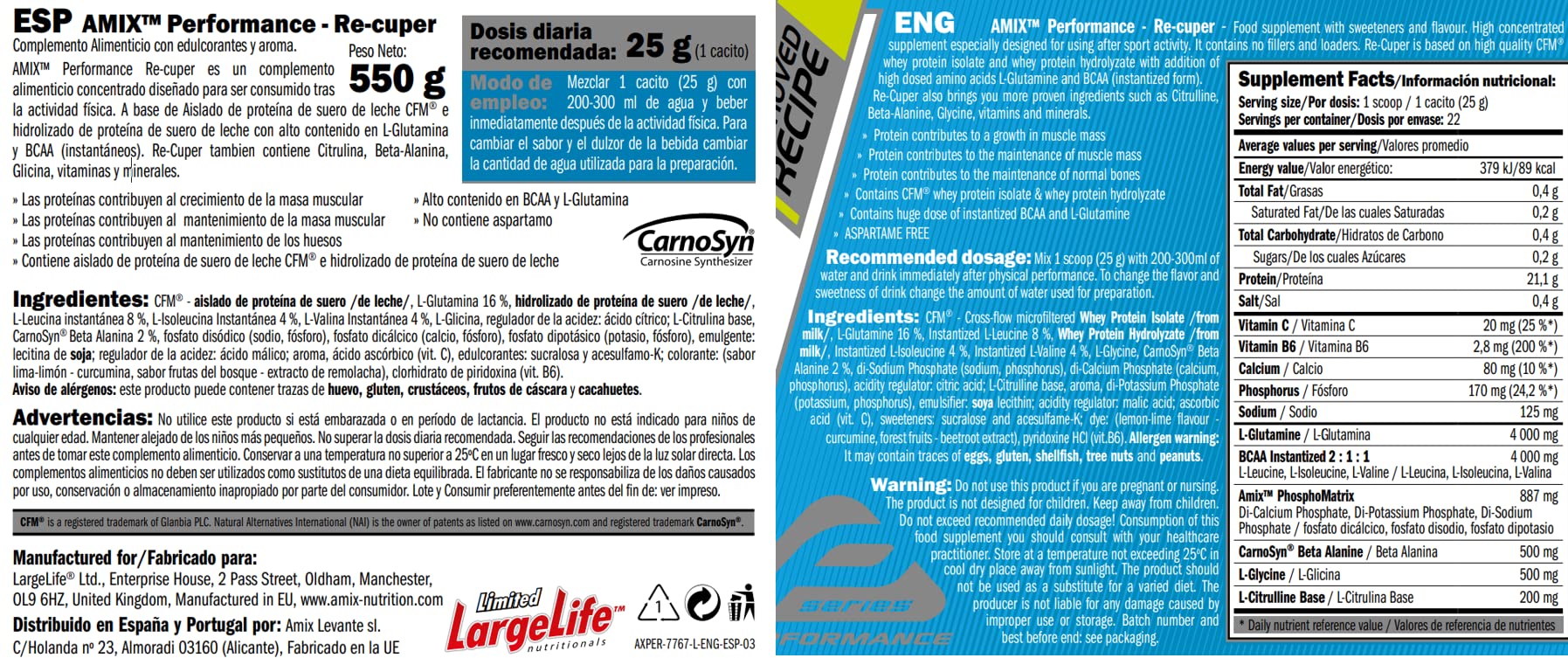 AMIX - BCAA con Glutamina - Re-Cuper Recovery Drink en Formato de 550 g - Ayuda a Regenerar las Fibras Musculares - Favorece la Rehidratación - Sabor a Frutas del Bosque