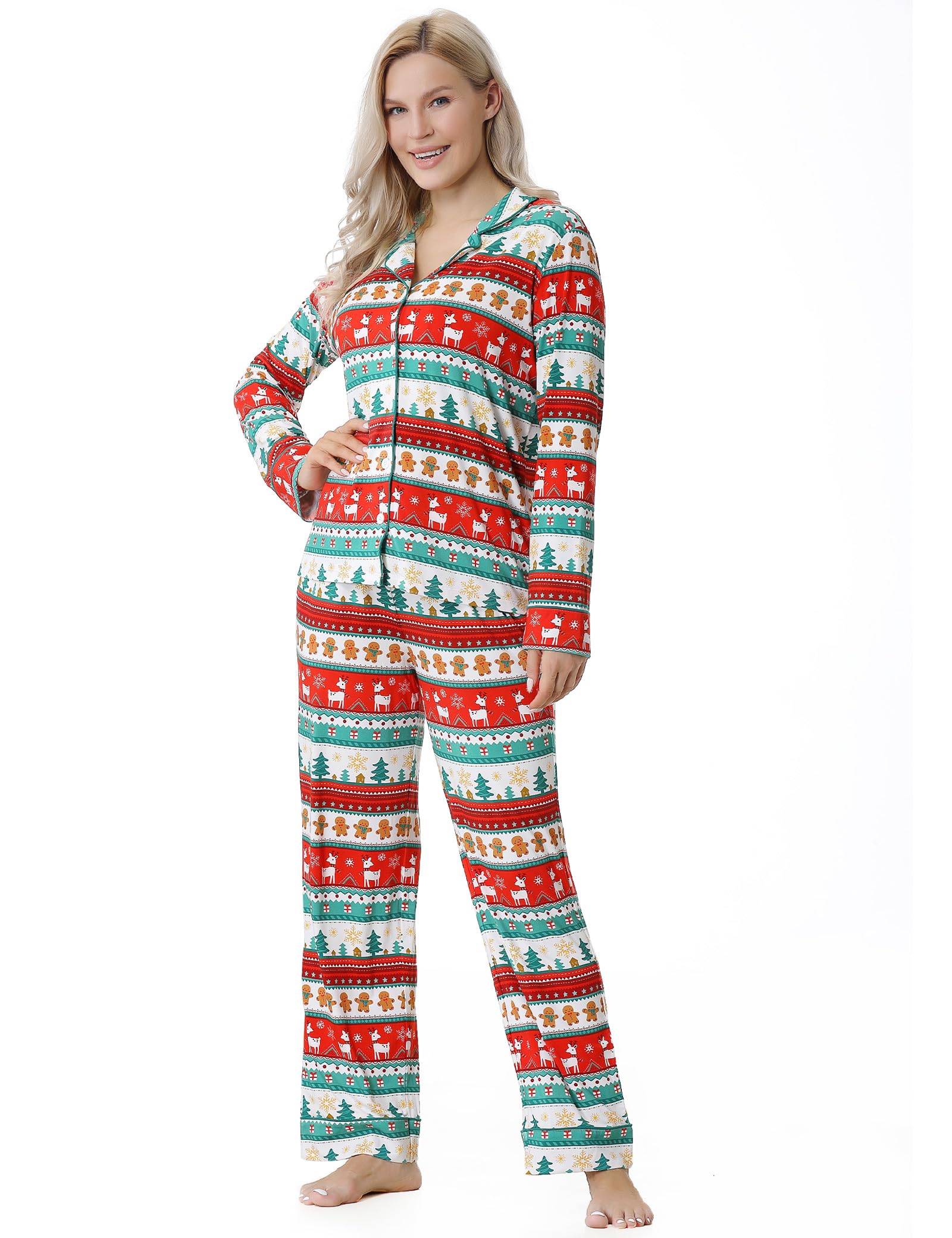 EASWEET Womens Bamboo Viscose Pajama Sets Notch Collar Button Down Long Sleeve Sleepwear Comfy PJ Set