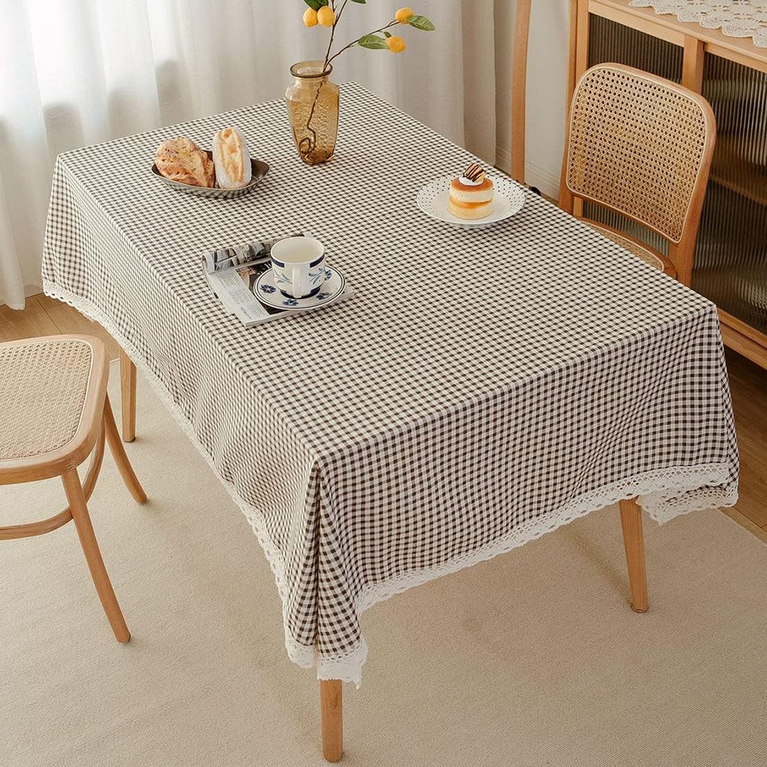 vctops Buffalo Plaid Tablecloth with Lace Edge Rustic Cotton Linen Table Cloth Coffee and White Dust-Proof Table Cover for Kitchen Dinning Tabletop Decoration (Coffee Plaid, 55"x87")
