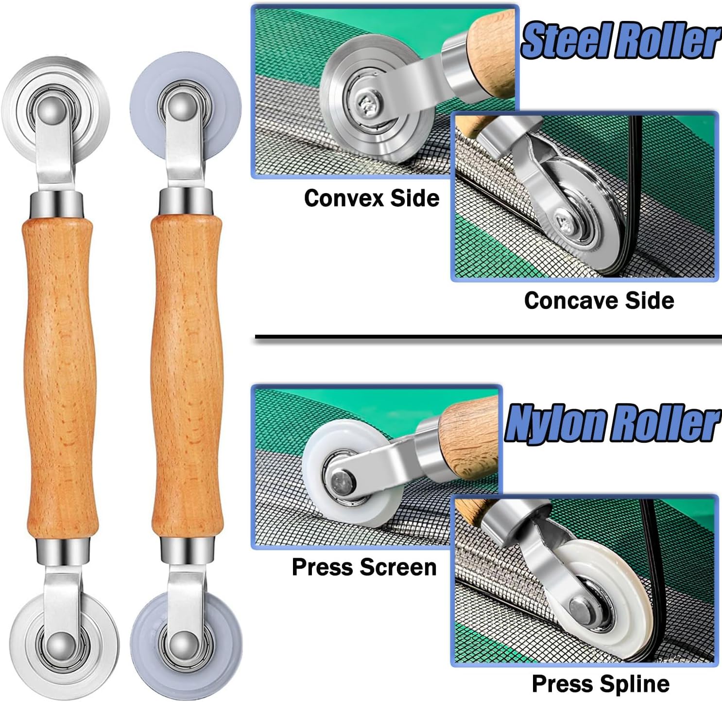 King&Charles Window Screen Door Repair/Replacement Kit, Include Black Screen Mesh 48"x118"+ 2 Roller+50Ft Spline+8Clips+Hook, 6 in 1 Window Mesh Kit, Steel/Nylon Bearing Roller