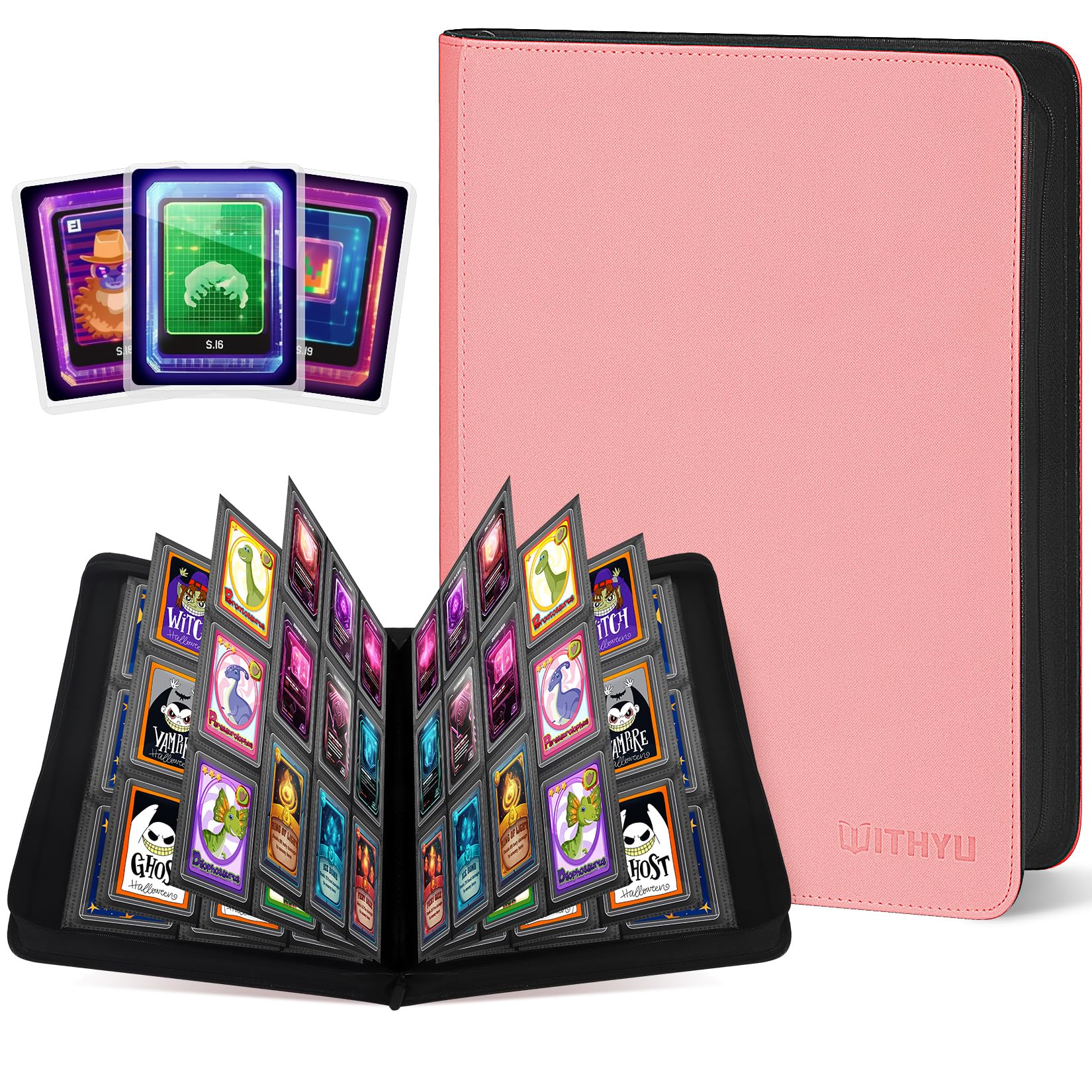 WITHYU Toploader Binder 9 Pocket, Holds 288 Cards for 3" x 4" Rigid Cards, Double Side Card Album PU Leather with Zipper, Ideal for TCG, MTG & Sports Card Storage (Pink)