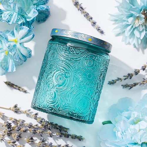 Miniatura 1 de Art Secret Paquete de 9 tarros de vela de vidrio en relieve de 8 onzas con tapas y etiquetas, diseño de estrellas de sol y luna (azul)