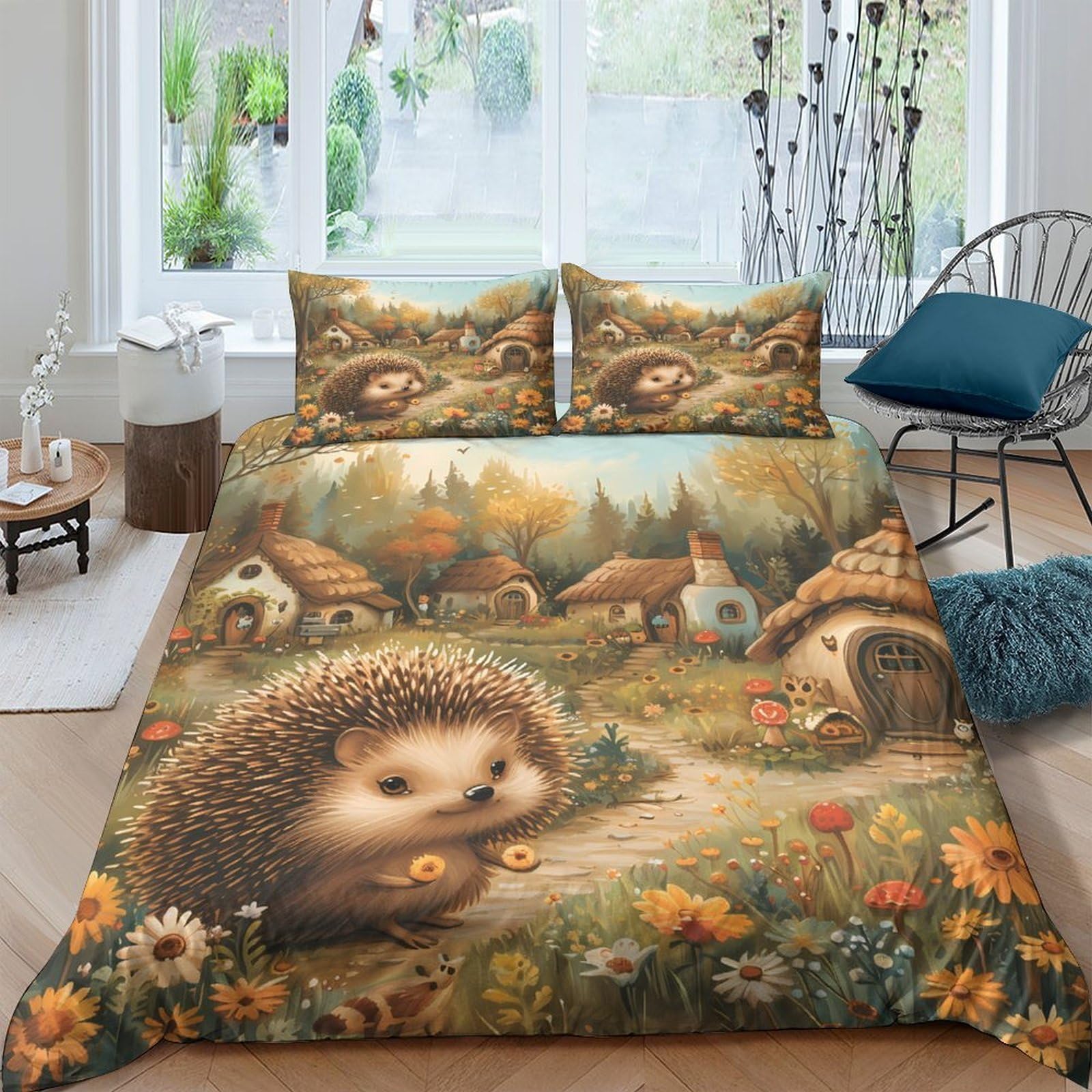 XFKLYNVCJ 3D Printed Cute hedgehog Bed Cover Premium Polyester Fantasy village scene Quilt Cover Machine Washable Easy Care Wrinkle Free Soft Durable for Home Bedroom Daily Use King（220x240cm）