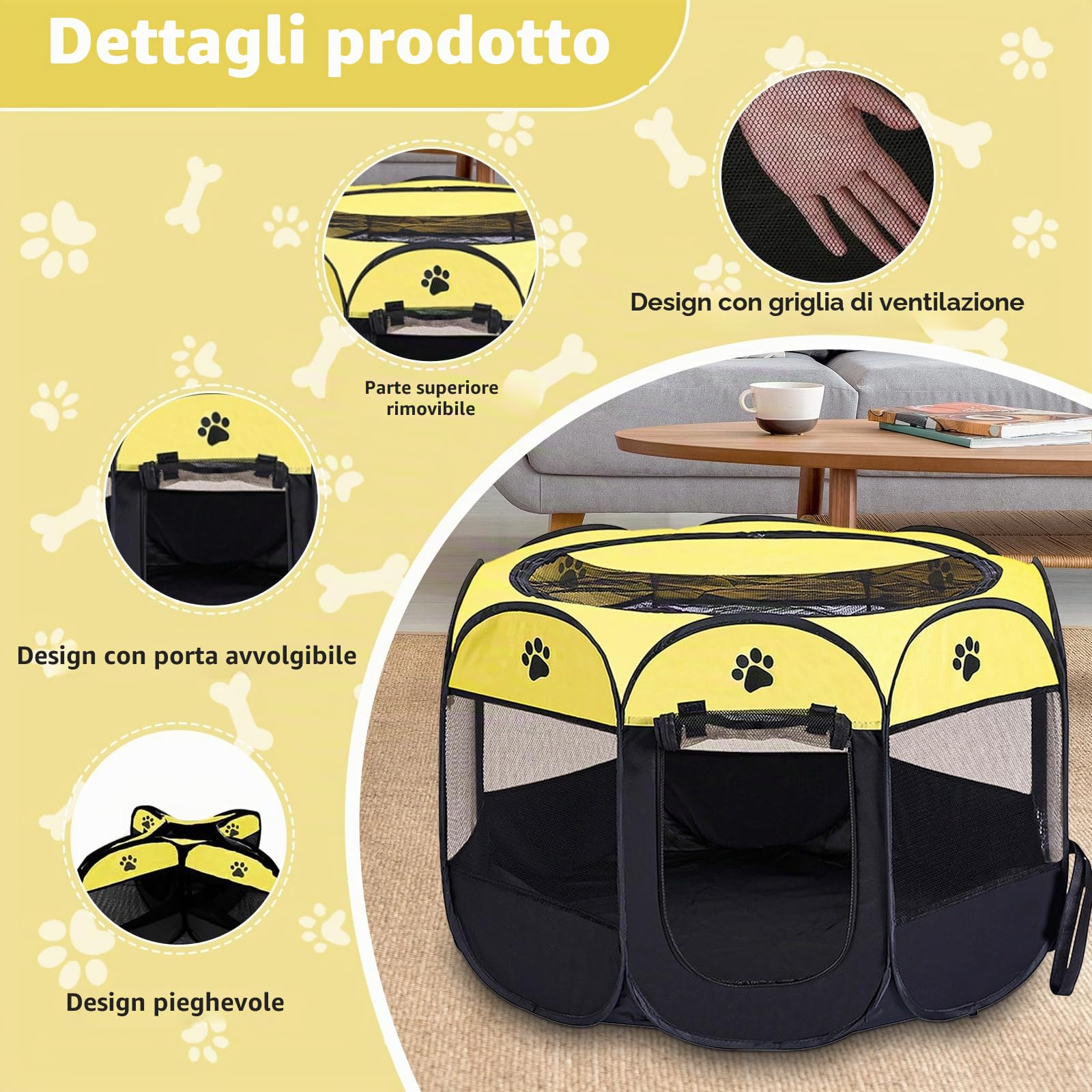 Recinzione per cuccioli, pieghevole, 74 x 74 x 43 cm, portatile, per piccoli animali, per interni ed esterni, per cani, gatti, coniglietti (giallo)