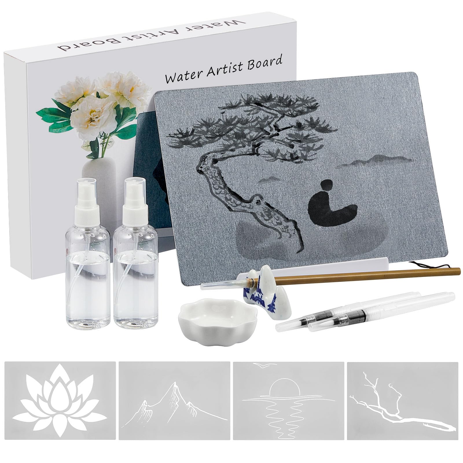 13 Pcs Meditation Water Drawing Set Include Drawing Board Inkless Water Painting Art Board and Brushes, Stand, Spray Bottles for Mindfulness Relaxation Meditation Gifts