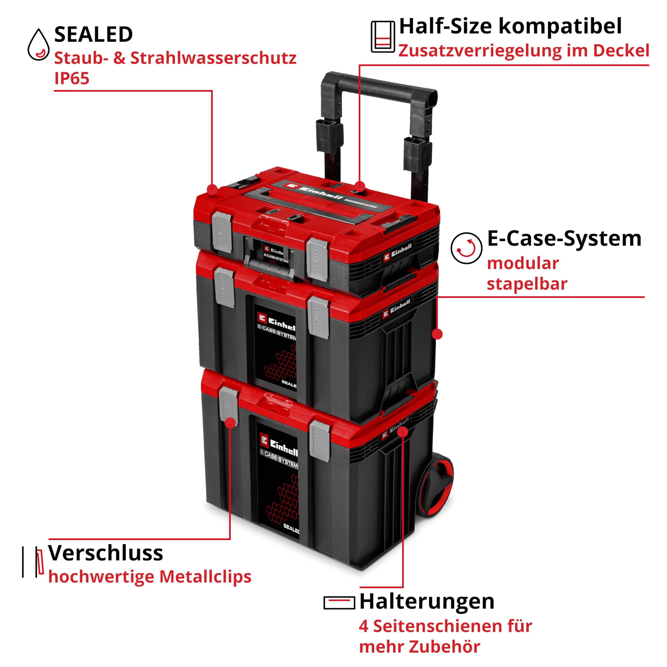 Original Einhell E-Case Rolling Workshop SEALED (Rollende Werkstatt aus 3 Koffern, max. 120 kg, staubdicht + strahlwassergeschützt, 44 x 40 x 70 cm, inkl. Seitenschienen)