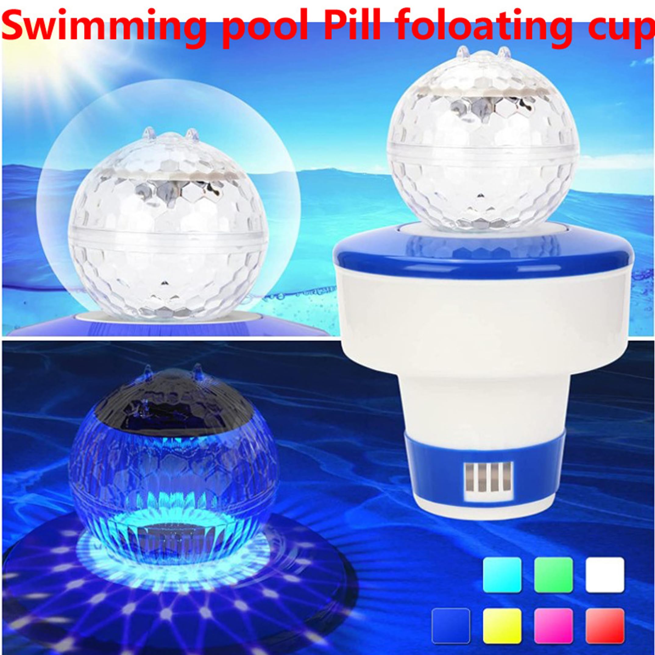 Lot de 2 distributeurs flottants de Chlore Solaire pour Piscine avec lumières Multicolores et débit réglable 20 cm (8 Pouces).