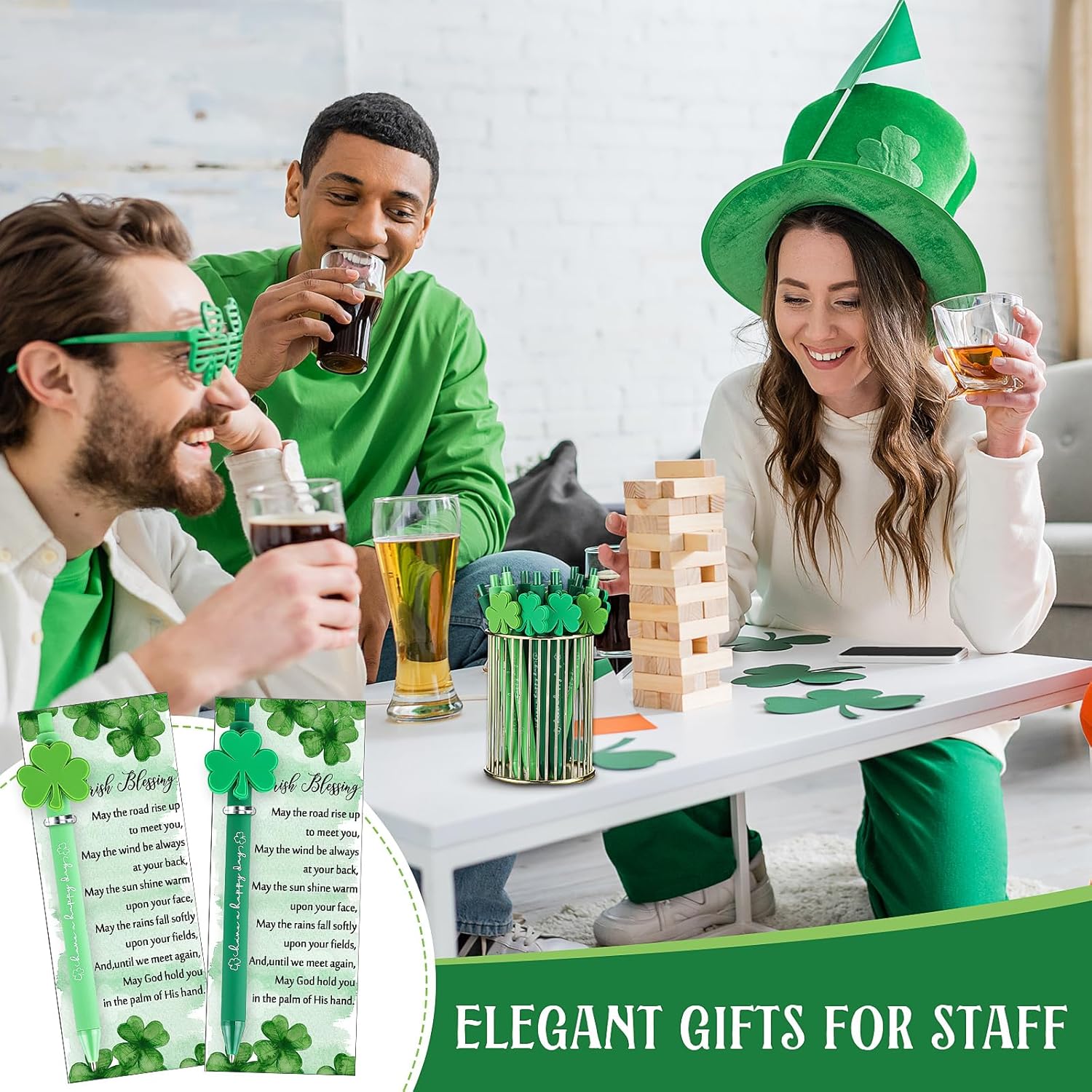 Jetec 100 Sets St Patrick's Day Pens Gift Bulk with Irish Blessing Cards Lucky Shamrock Ballpoint Pen with Twist Ties Green Clover Rollerball Black Ink for St. Patrick's Day Party Favors Supplies