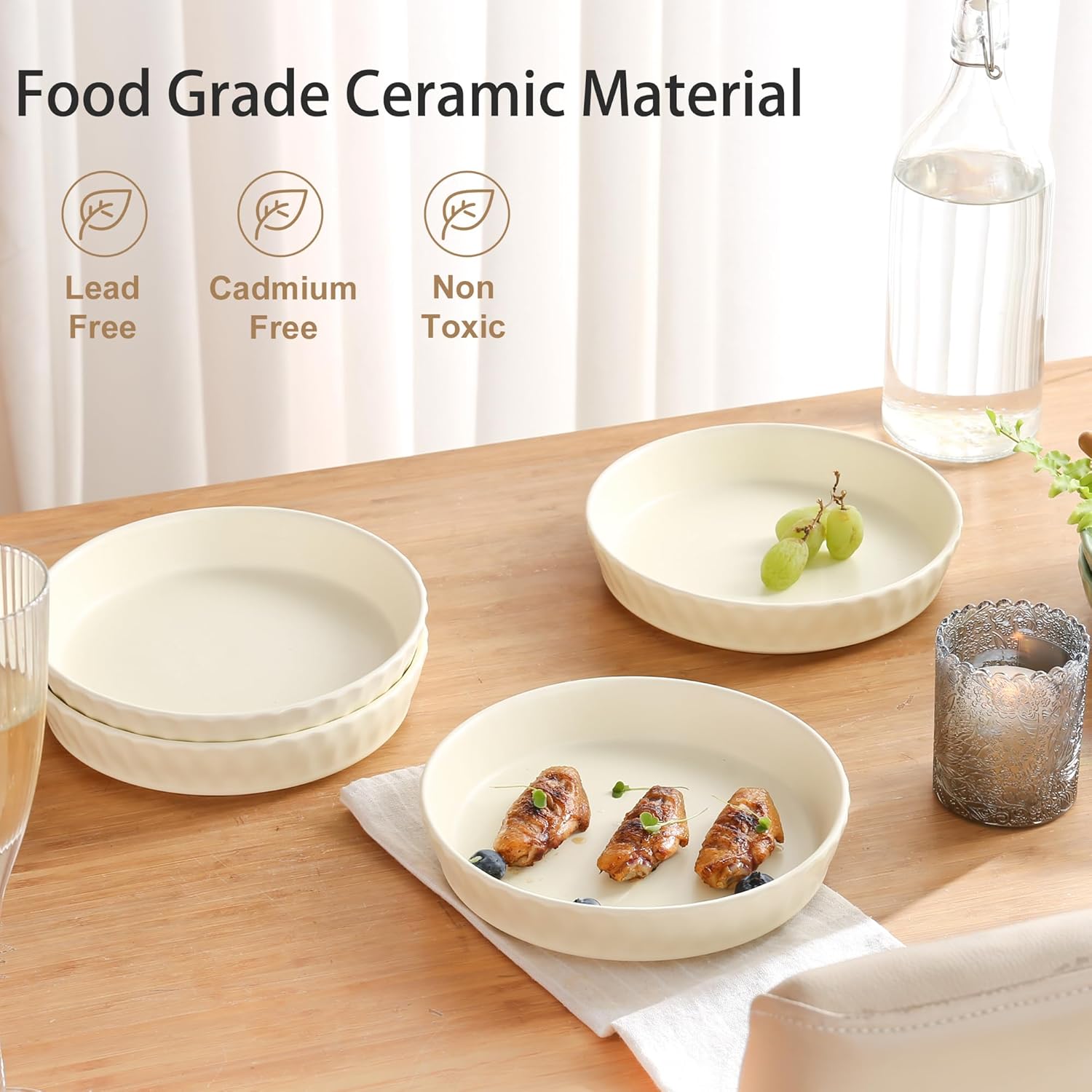 Dinner Plates Set of 4, 8 Inch Ceramic Salad Plates With High Rim for Pasta, Salad, Steak and Main Course, Microwave, Oven and Dishwasher Safe - Apricot