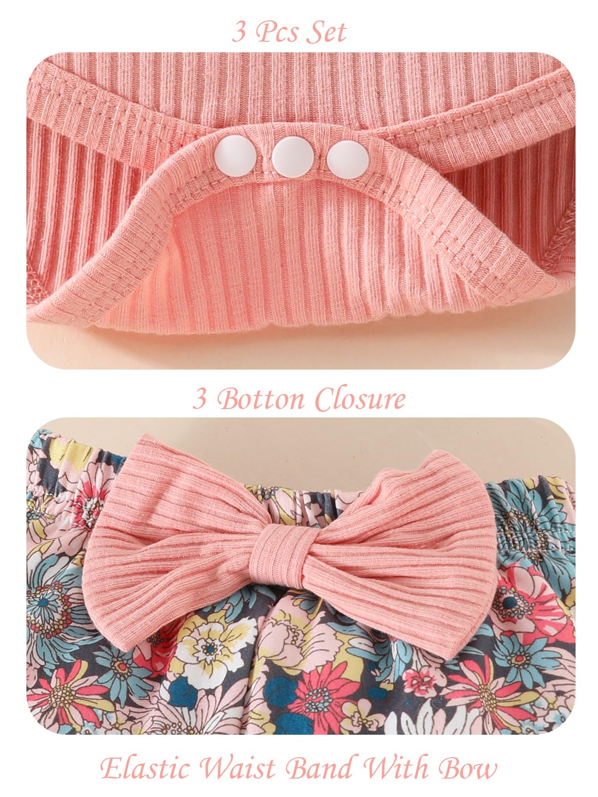 Vetement Bebe Fille Nouveau-né Barboteuse à Volants Manche Longue + Floral Pantalon + Bandeau+ Chapeau Ensemble Tenues d'automne 0-18 Mois