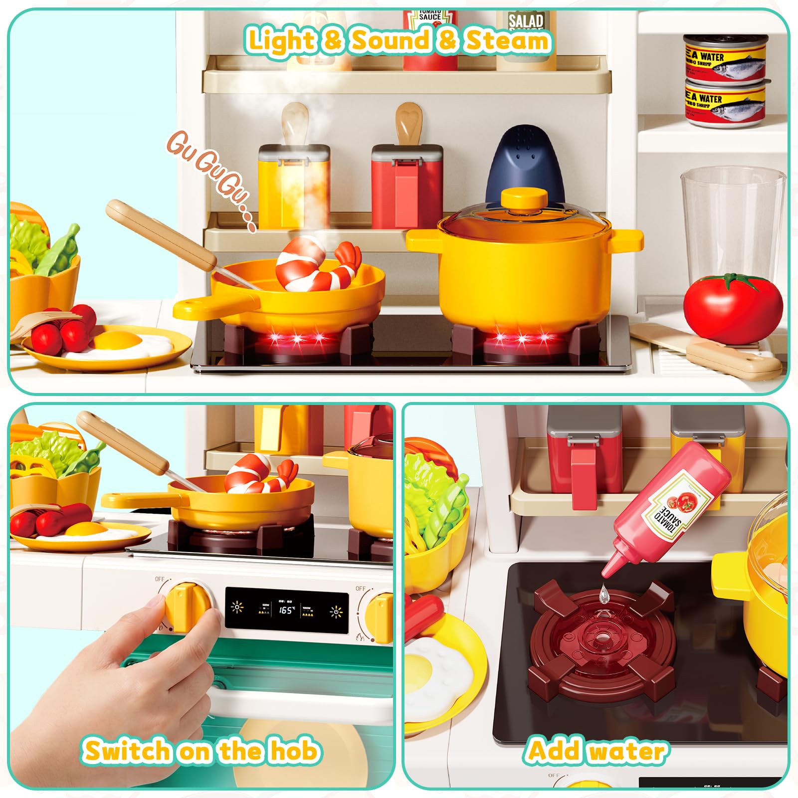deAO Cocinas Infantiles, 69 PCS Cocina Juguete, Grifo Agua, Luces y Sonido | con Vajilla, Comida, Fregadero, Cocina de Vapor, Horno, 54x21x88 cm, Plástico Seguro, Regalos para Niños +3 Años, Verde