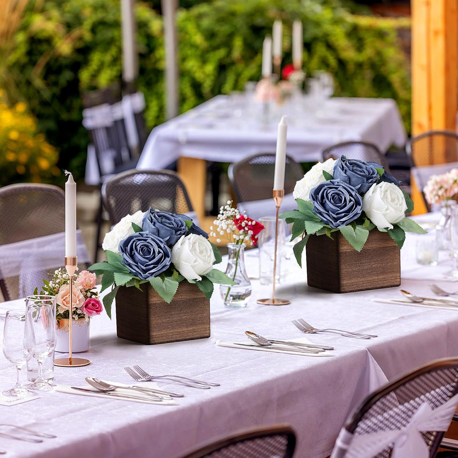 Dining Table Centerpiece Set of 6 - Pre-Made Aritifial Rose with Wooden Vase Fake Floral Arrangment Faux Flower for Wedding Bridal Tea Party Event Decorations - Navy Blue & White - Image 3