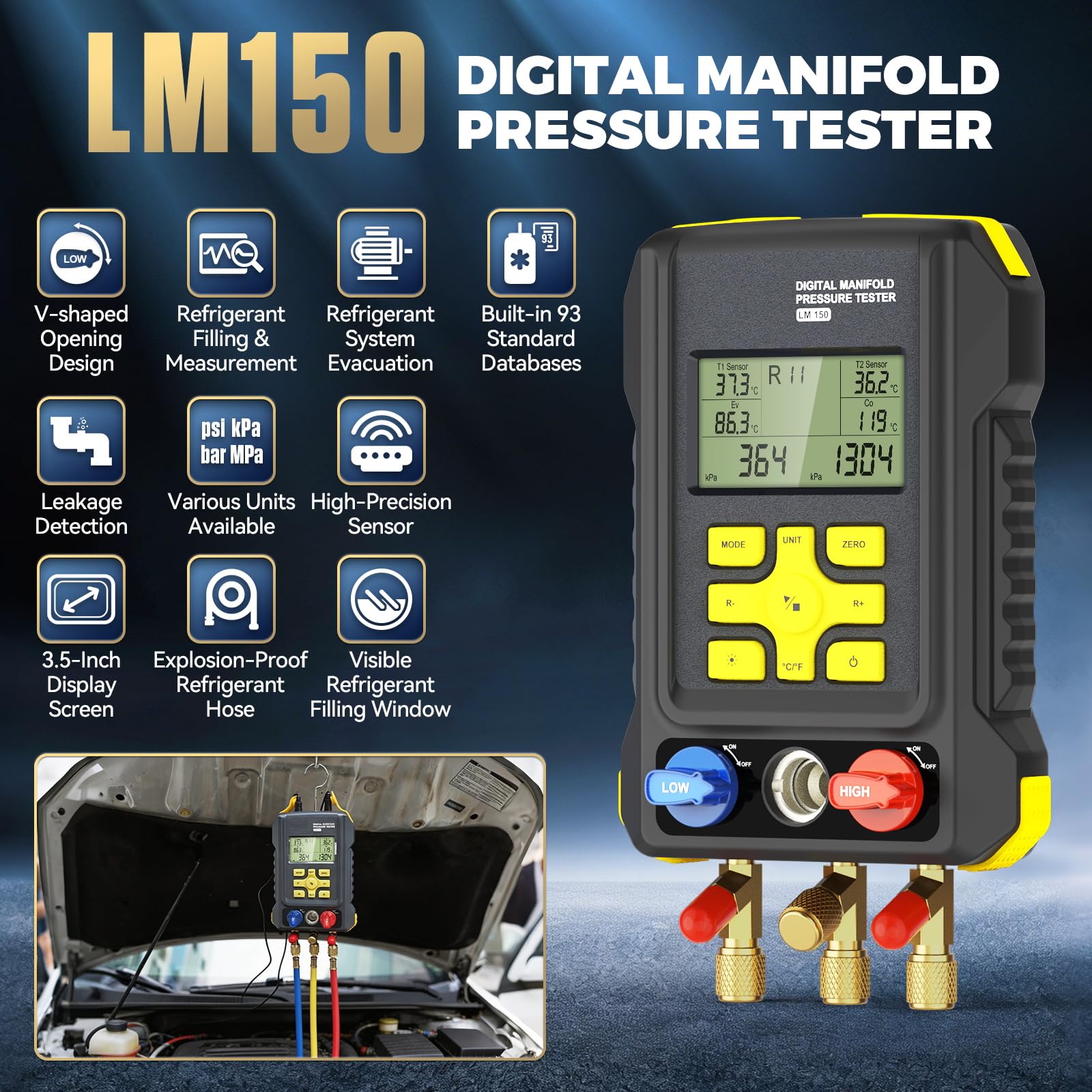 LM150 Digitales Manometer-Set für 93 Kältemittel in HLK-Anlagen | Nachfüllset für Kältemittel R134A, R410A, R404A und R22 mit Schläuchen und Thermometerklemmen