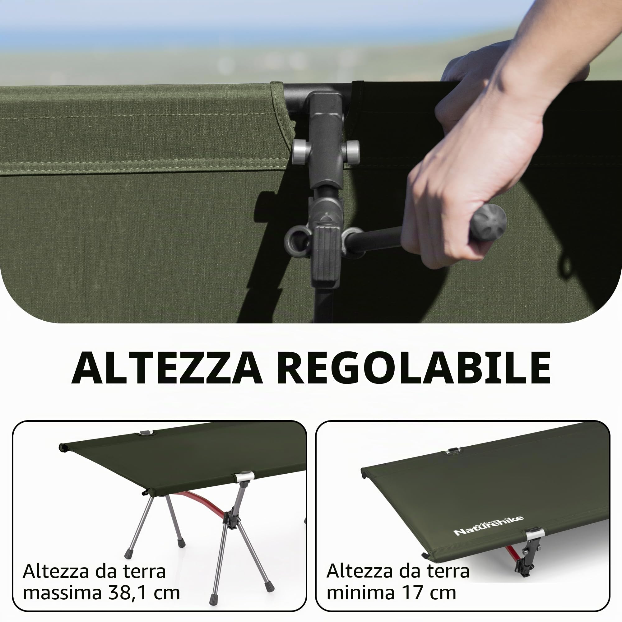Naturehike Lettino da campeggio ultraleggero con portata di 150 kg, regolabile in altezza e pieghevole, portatile, ideale come campeggio, pausa pranzo o letto per gli ospiti