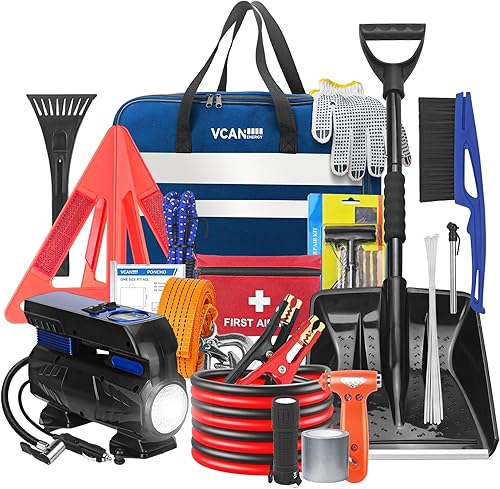 Bolsa de seguridad de emergencia para automóvil con compresor de aire digital, cables de puente, kit de primeros auxilios, kit de seguridad para