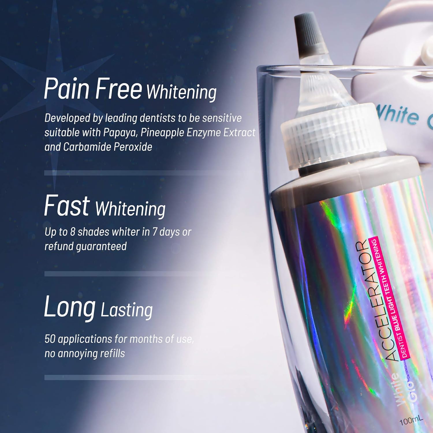White Glo Accelerator Teeth Whitening Kit with LED Light for Sensitive Teeth and Gums, 3 Months of Professional Treatment, Carbamide Peroxide, Papaya, Pineapple Enzyme for Best Teeth Whitening Results : Beauty & Personal Care