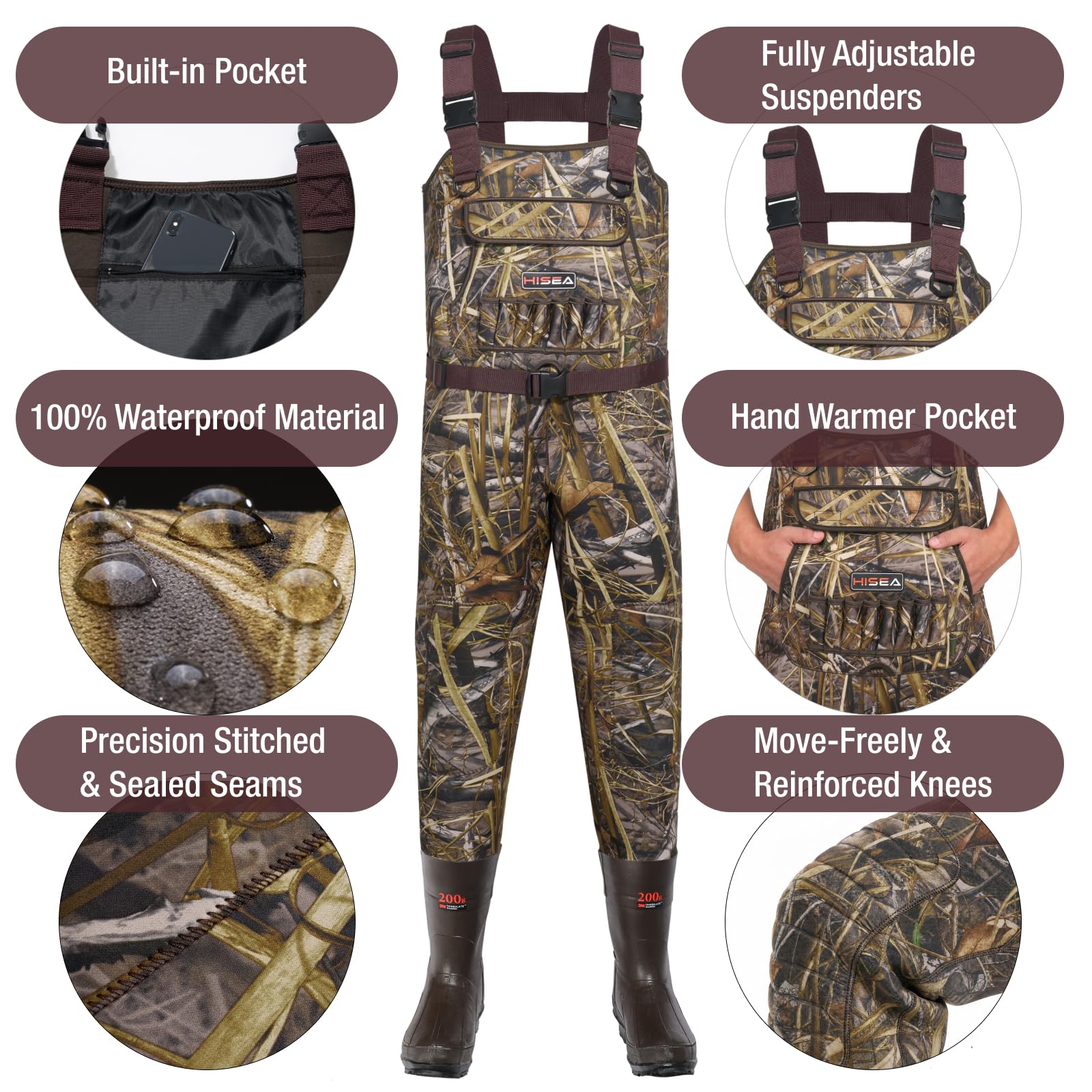 HISEA Trampolieri da uomo, impermeabili in neoprene da 4,5 mm, per pesca e caccia, con stivali, da uomo e donna | Stivali isolati in neoprene da 4,5 mm, 200 g, con gancio per stivali, per pesca e caccia alle anatre