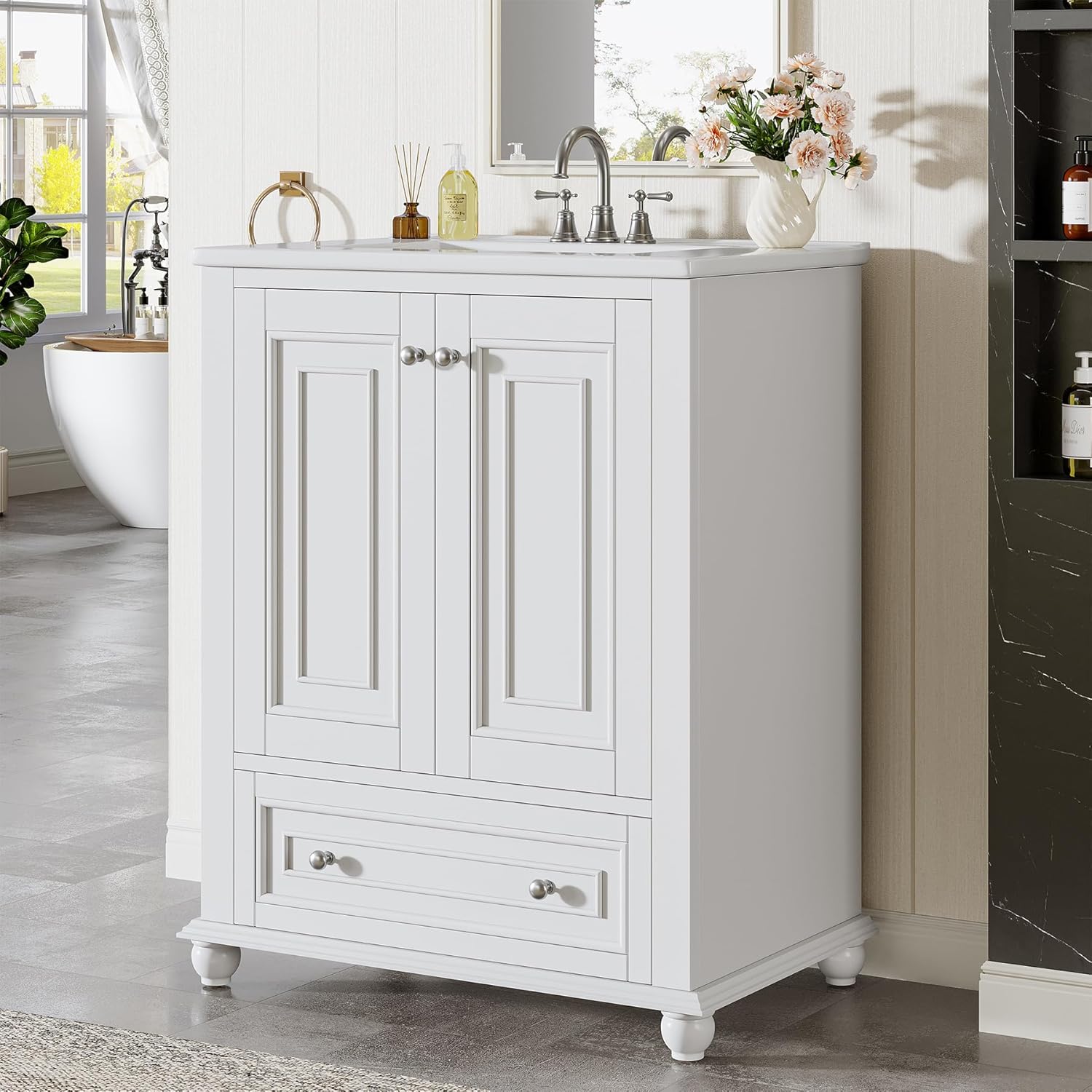 Tribesigns 24" Bathroom Vanity with Ceramic Sink Combo, Freestanding Bathroom Storage Vanity Cabinet with 2 Doors & 1 Drawer, Solid Wooden Frame & Coated Surface, Metal Handle, White