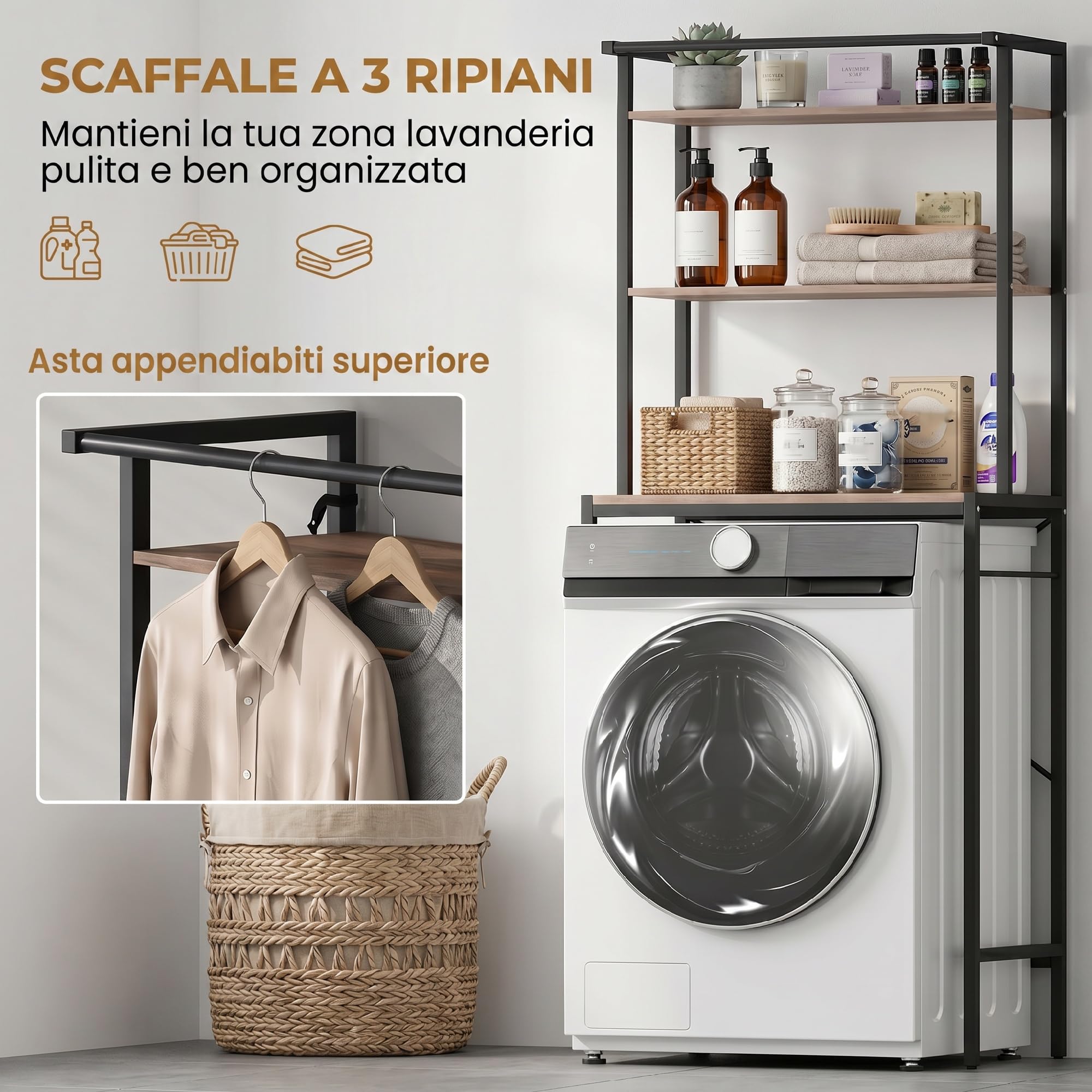 HOMCOM Mobile Sopra Lavatrice Coprilavatrice 67x40x161.8cm Marrone/Nero | Ripiani, Barra Appendiabiti, Scaffale Coprilavatrice Asciugatrice, Bagno e Lavanderia