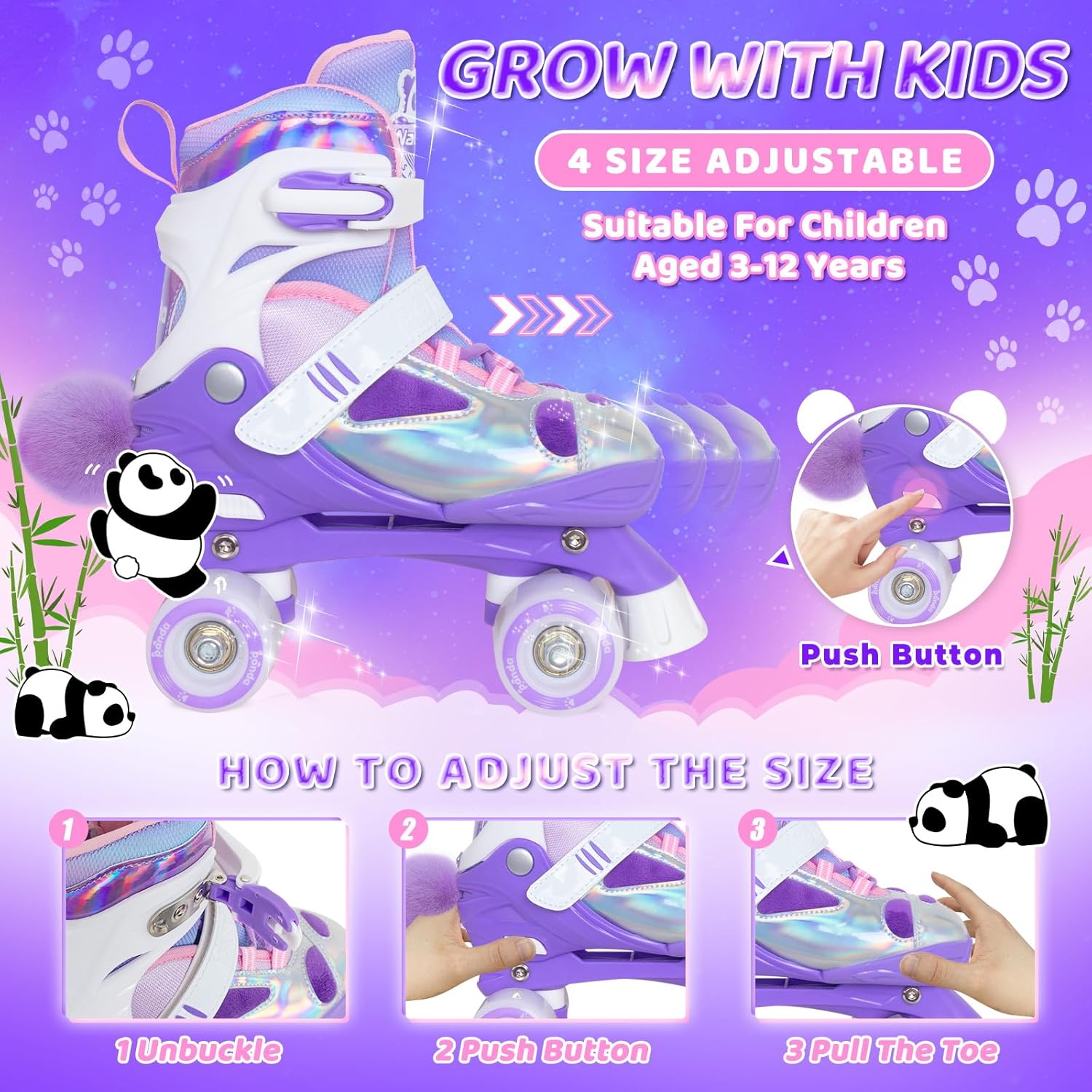 Nattork Kids Roller Skates for Girls Boys, 4 Size Adjustable Panda Quad Skates with All Light up Wheels, Beginner Roller Skates - Birthday Gift for Outdoor Indoor
