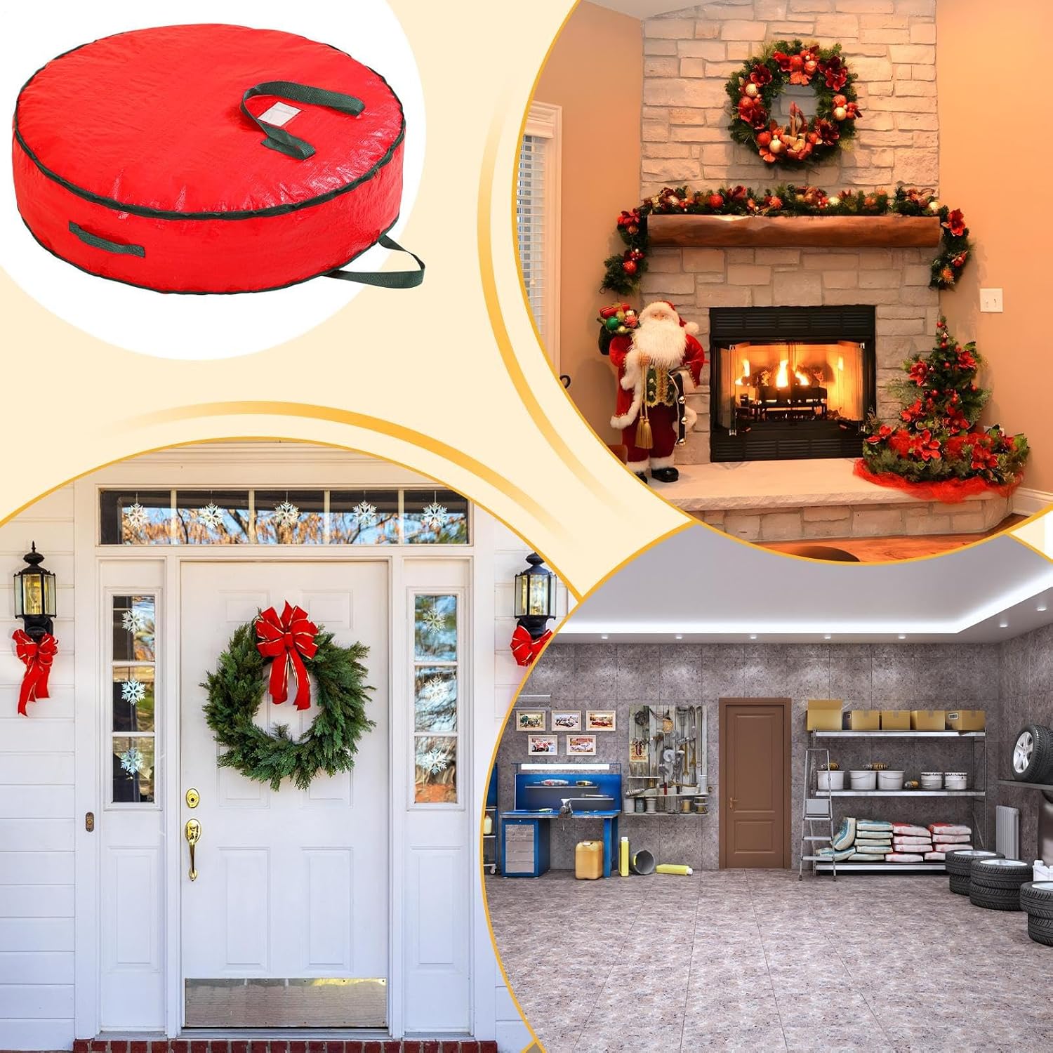 Christmas Ornament Storage - 3PCS Wreath Storage Portable, Christmas Holiday Garland Organizer | Durable, Tarp Material, Zipper, Sturdy Carry Handle | Keeps Decorations Safe and Dust-Free