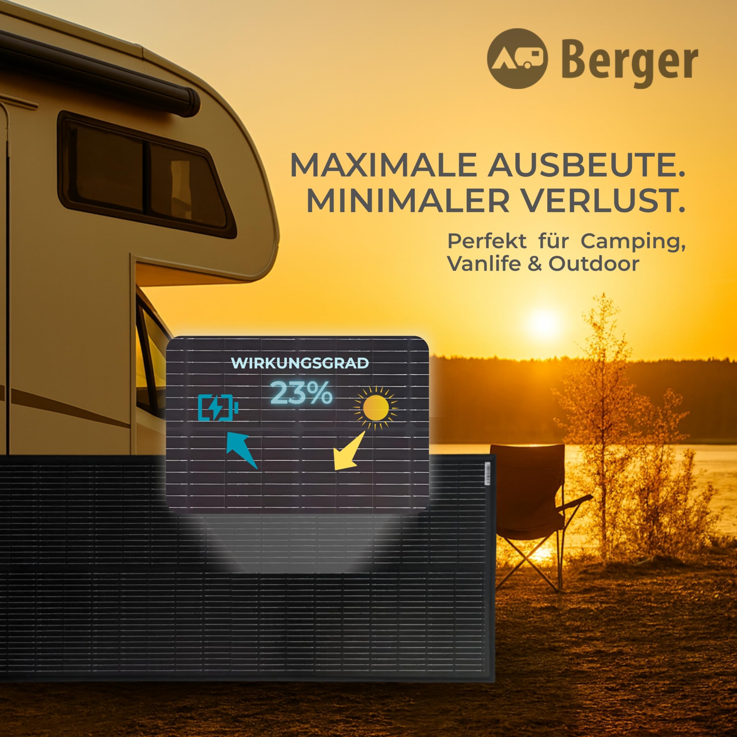BERGER Komplettanlage Deluxe Solarpanel Set 100 W | Monokristallin mit MPPT-Regler | Solar Panel Camping Komplettset | IP67 | Solaranlage für Wohnmobil & Dauercamper | 400 Wh/Tag | erweiterbar