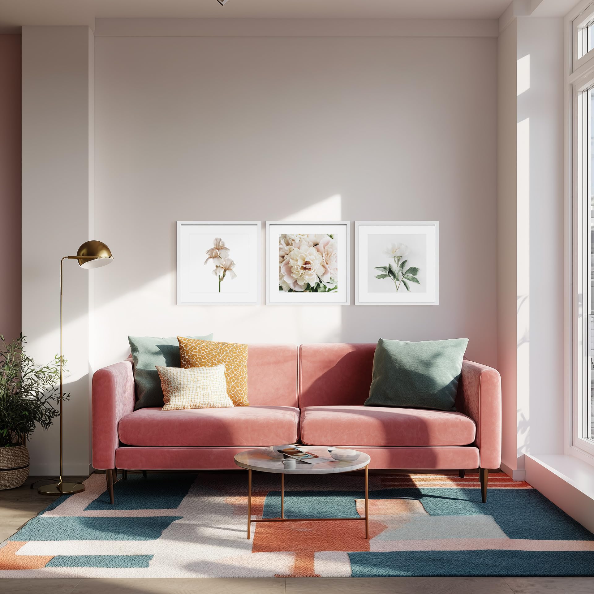 STYLER Zestaw obrazów Posy 3 x 30 x 30 cm (gotowy do zawieszenia) z wysokiej jakości białą drewnianą ramą – delikatne motywy kwiatowe do Twojego domu – beżowe, kremowe, naturalne, minimalistyczne