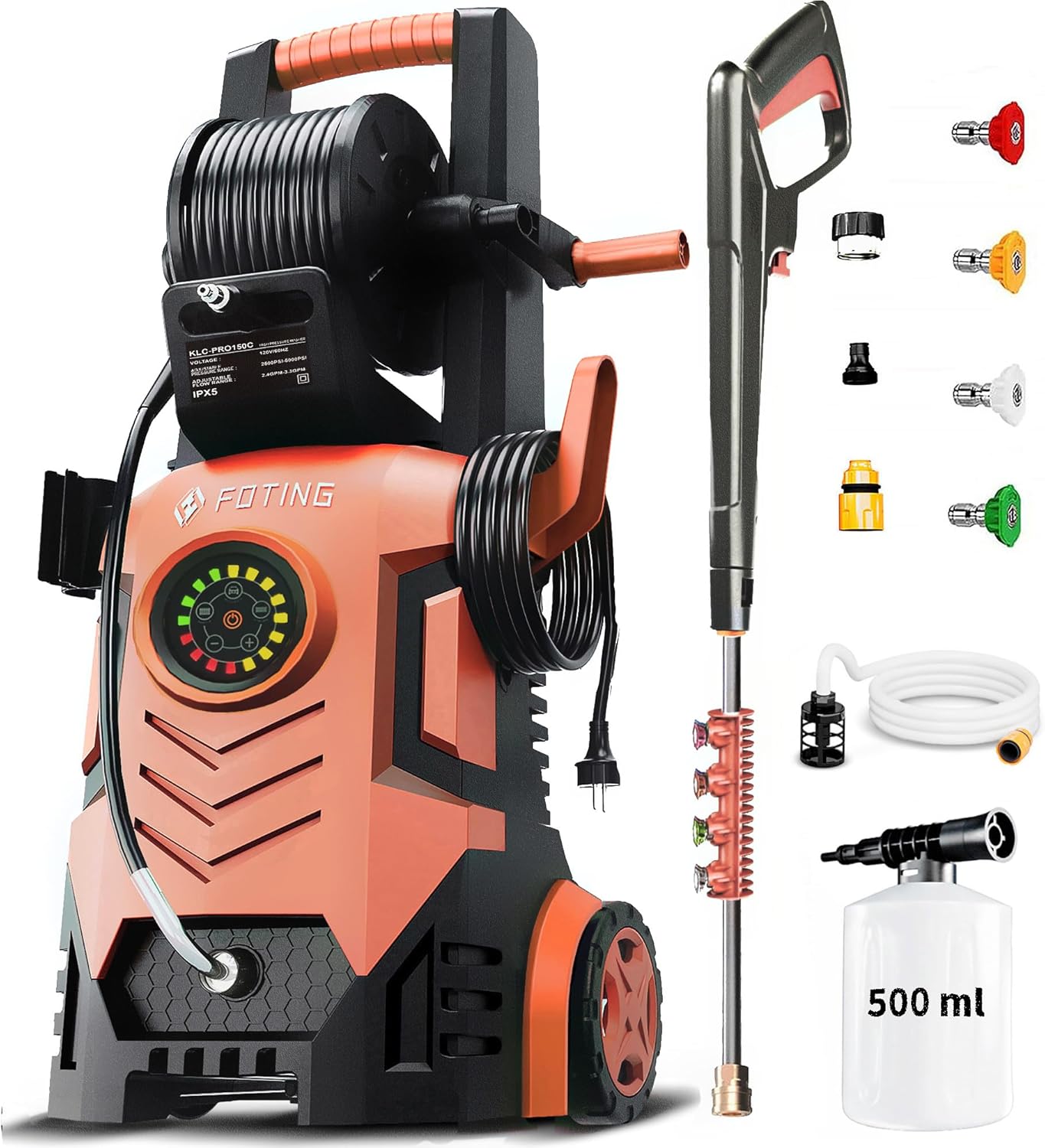 2026new Pressure Washer 5000PSI with Adj-8-Level Touch Screen, 34" Tall Power Washer, 4 Quick Connect Nozzles, Inlet Hose&Filter&500mlFoam Cannon for Cars/Fences/Driveways,Red