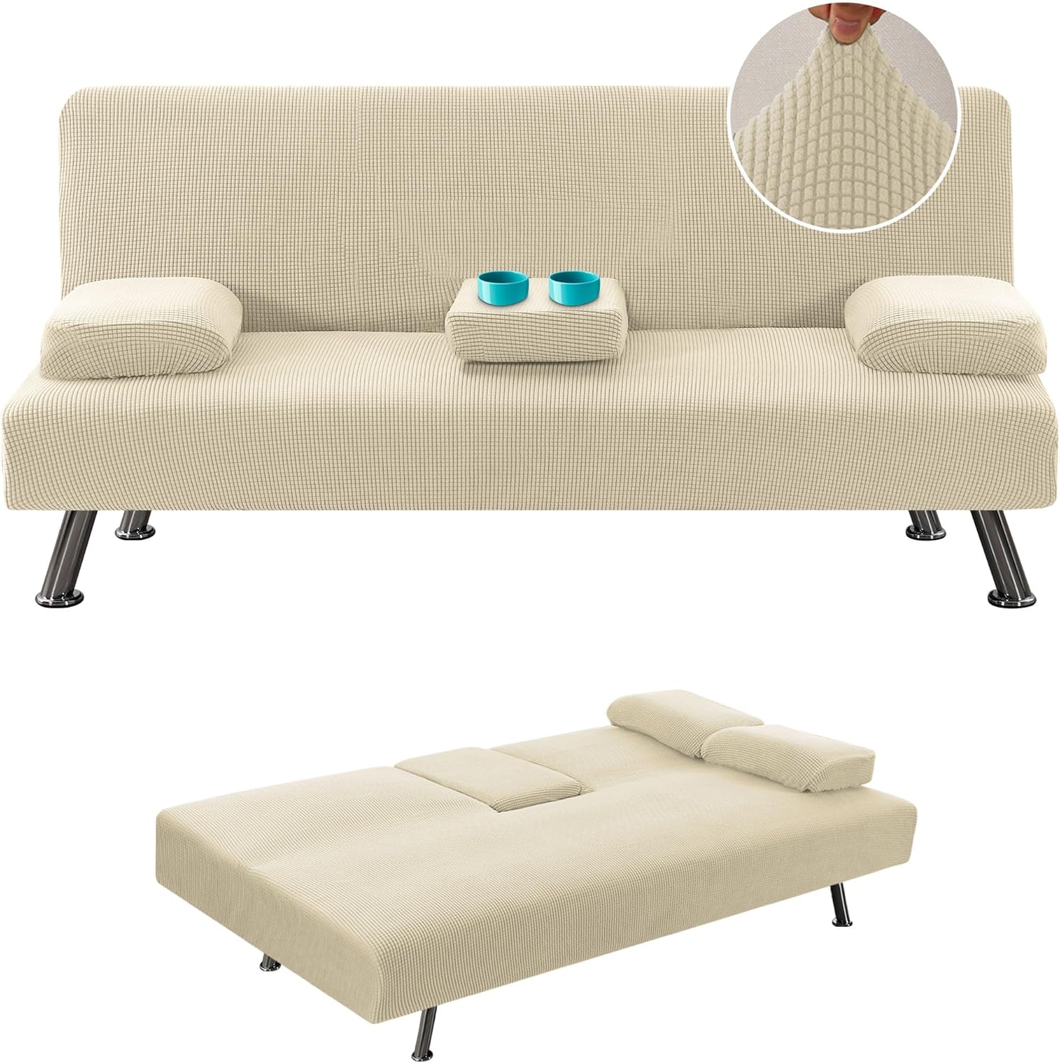 H.VERSAILTEX 4 Pieces Stretch Futon Covers Sofa Bed Slipcover with Removable Armrests and Cupholders Covers Furniture Protector High Spandex Small Checks Jacquard Fabric, Natural