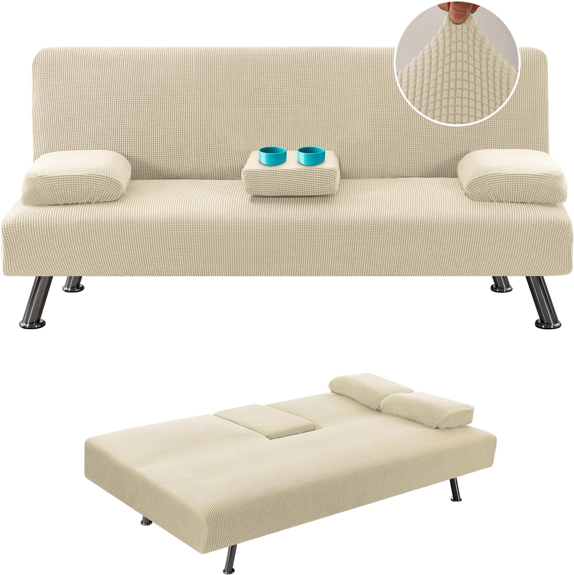 H.VERSAILTEX 4 Pieces Stretch Futon Covers Sofa Bed Slipcover with Removable Armrests and Cupholders Covers Furniture Protector High Spandex Small Checks Jacquard Fabric, Natural