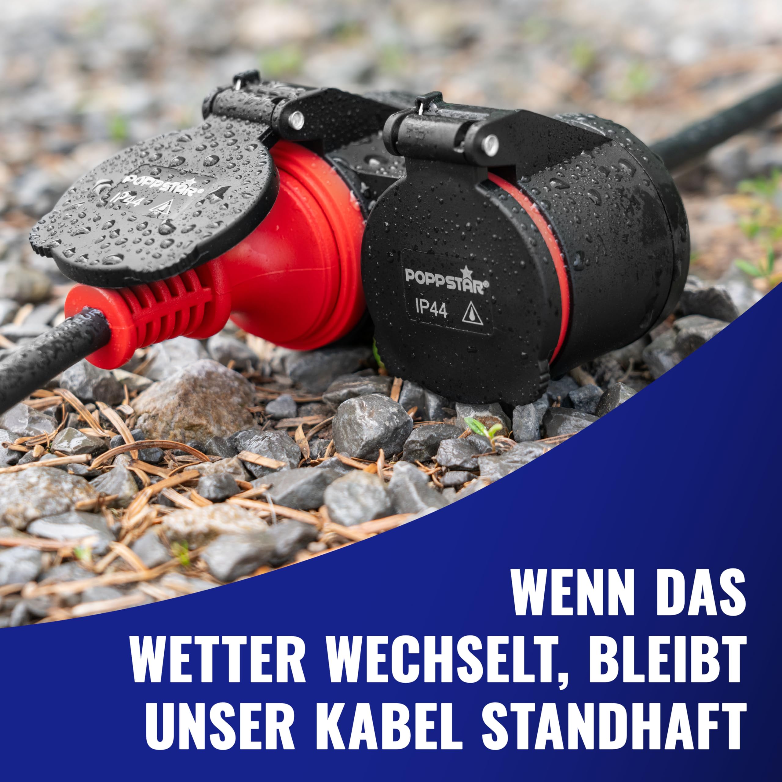Poppstar Verlängerungskabel Outdoor 10m (Schuko Doppelsteckdose 2-Fach, IP44, 16A/3680W, H05RR-F 3G1.5), schwarz/rot